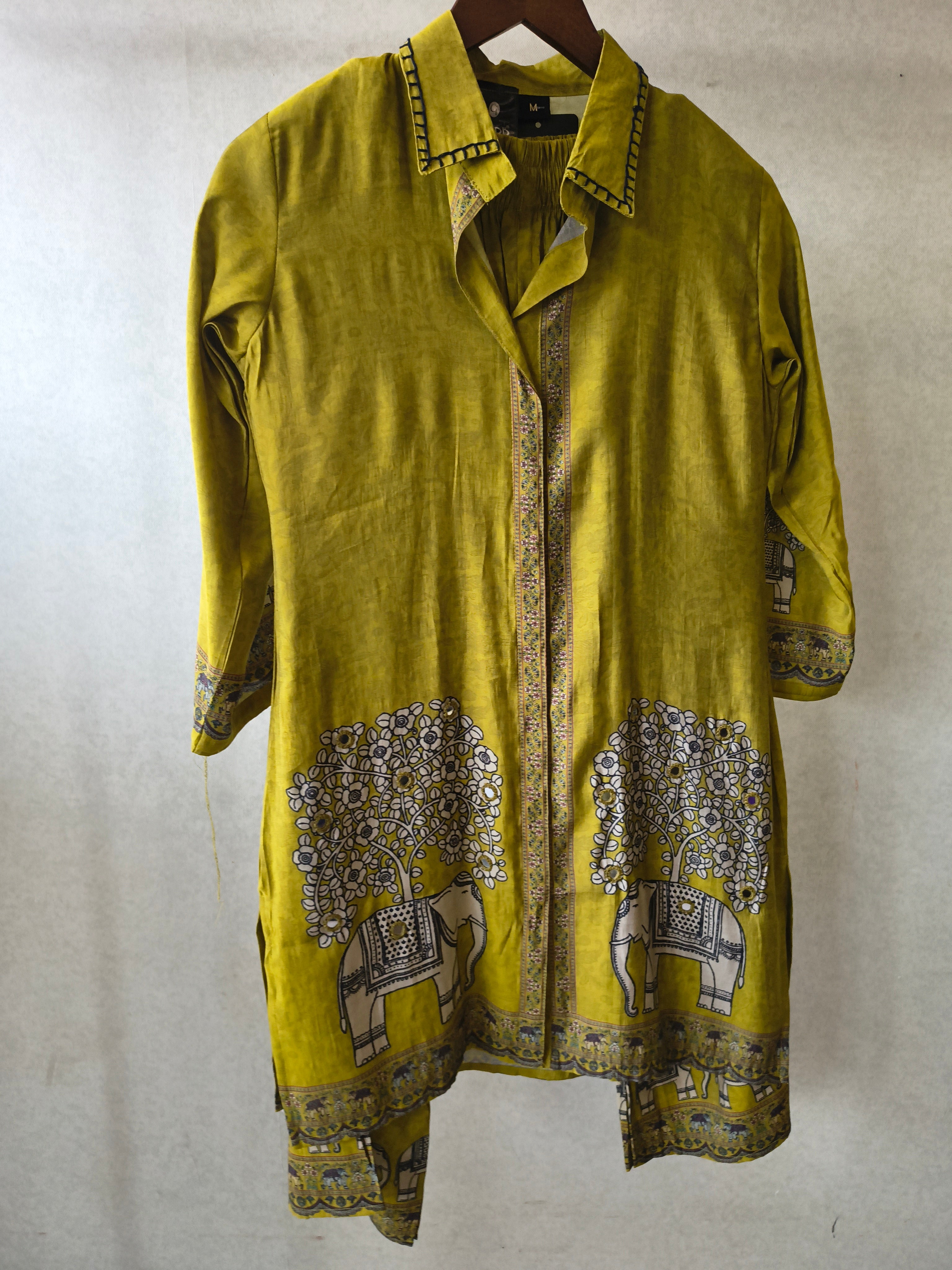Image of Mustard Yellow Elephant Print Designer Co-Ord Set with Asymmetrical Hem