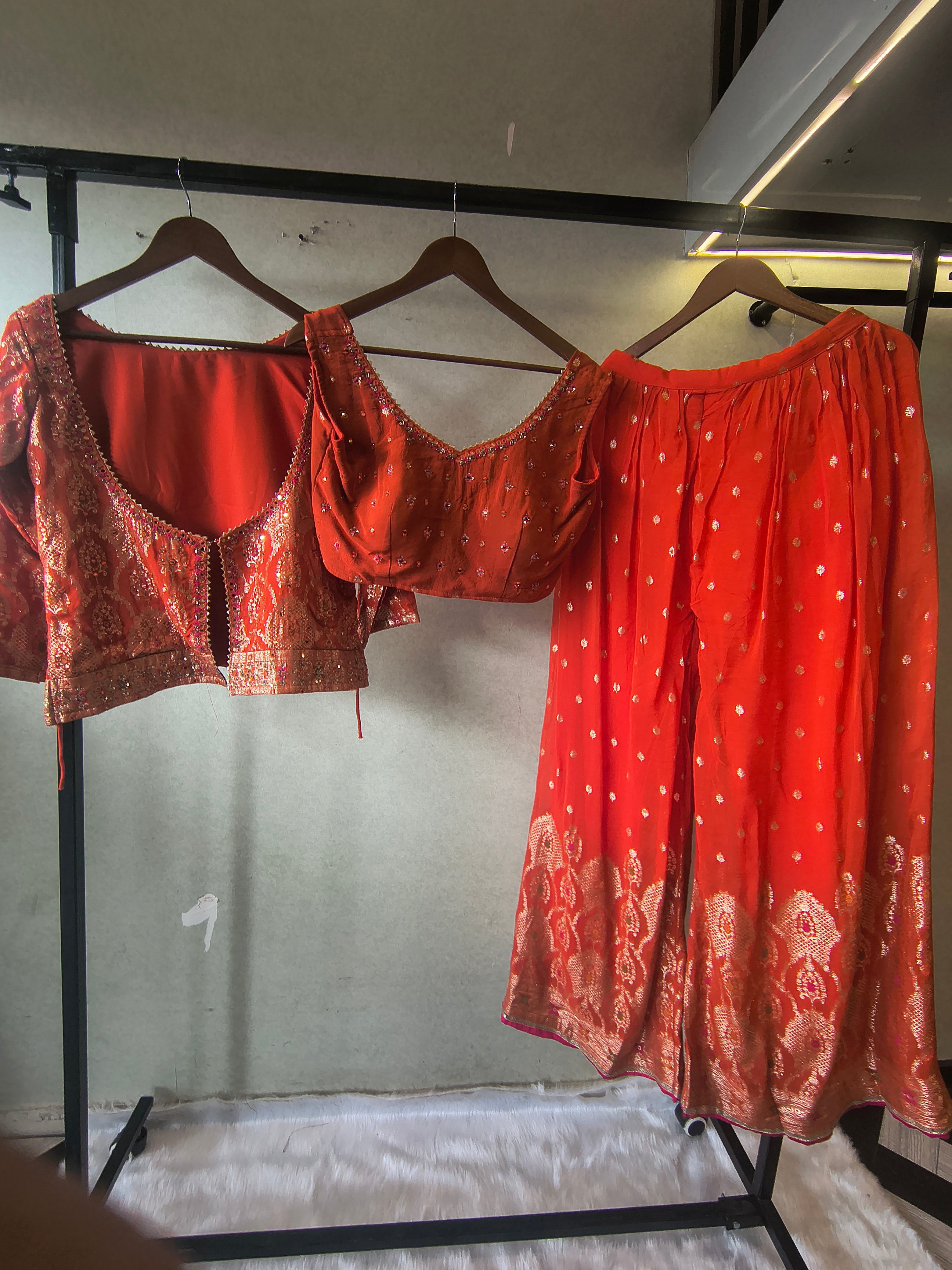 Image of Rust Orange Banarasi Embroidered Lehenga Set with Handworked Blouse & Embellished Blouse – Designer 3 Piece Festive Ensemble