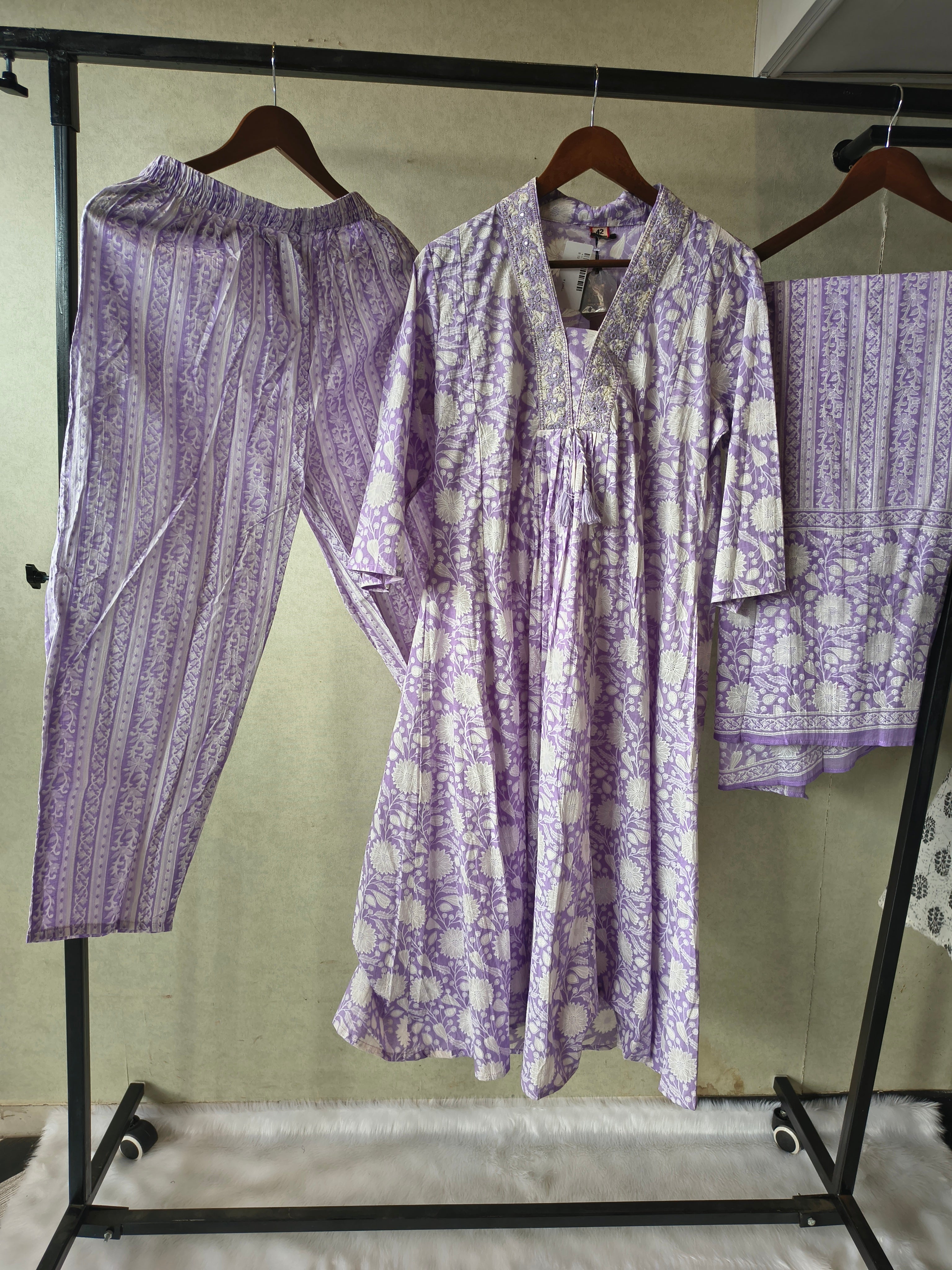 Image of Premium Lavender Floral Printed Cotton Anarkali Kurta Set with Striped Pants & Printed Dupatta