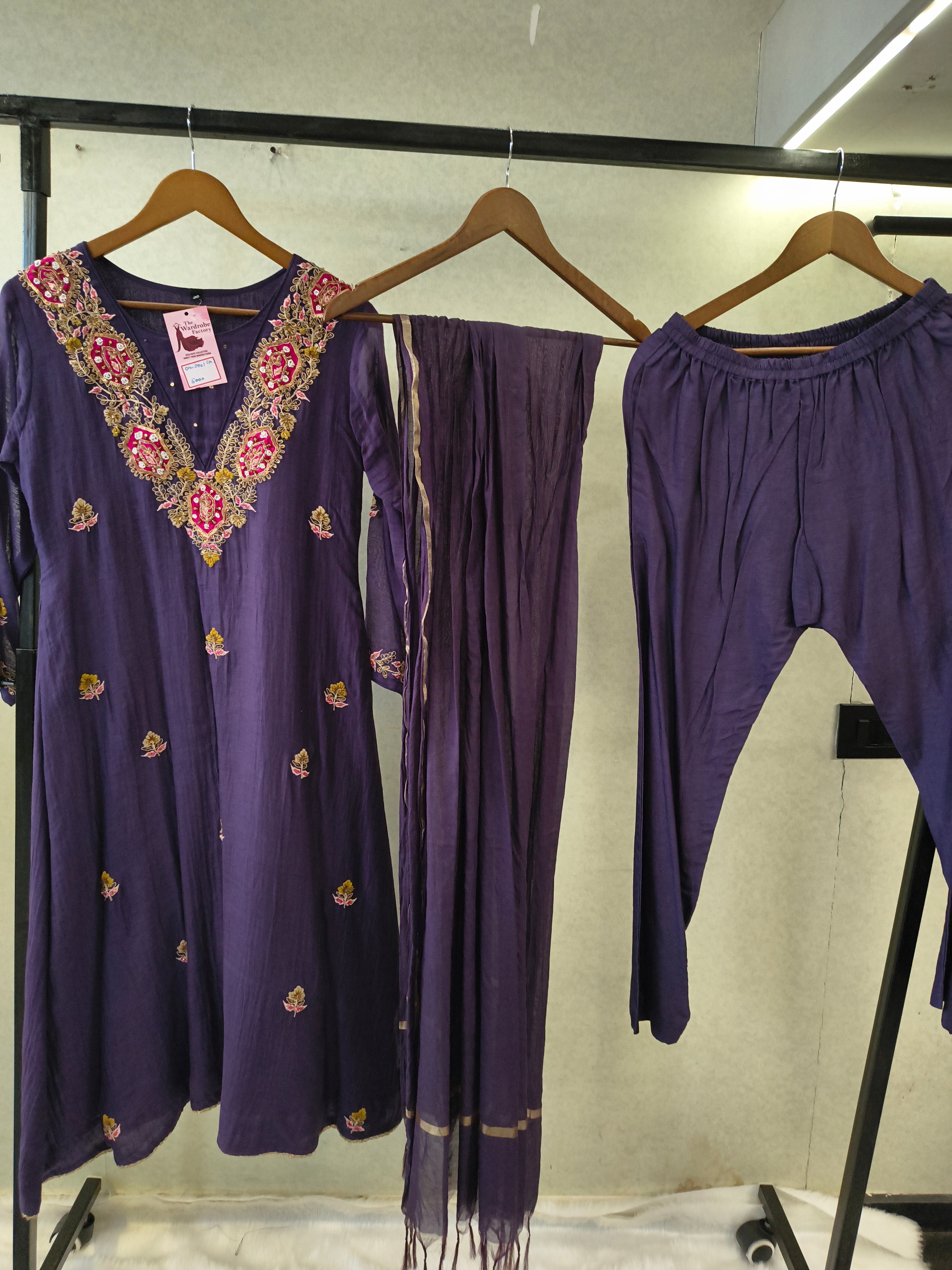 Image of Midnight Navy Hand-Embroidered Straight Kurta Set with Statement Neckline, Churidar Pants & Tassel Dupatta | Premium 3 Piece Festive Ensemble