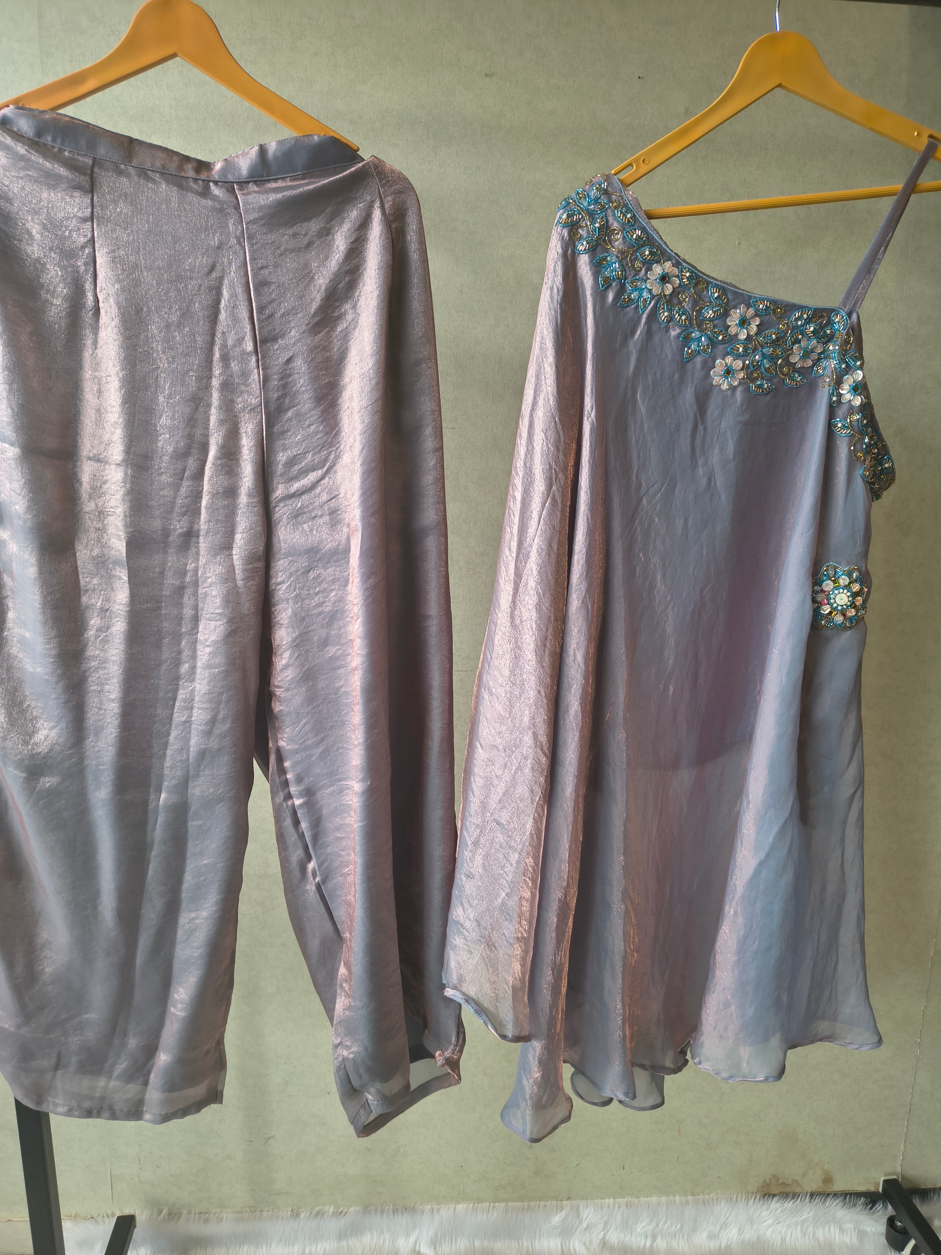 Image of Designer Lilac One-Shoulder Cape Top with Draped Tulip Pants – Luxury Indo-Western Co-Ord Set