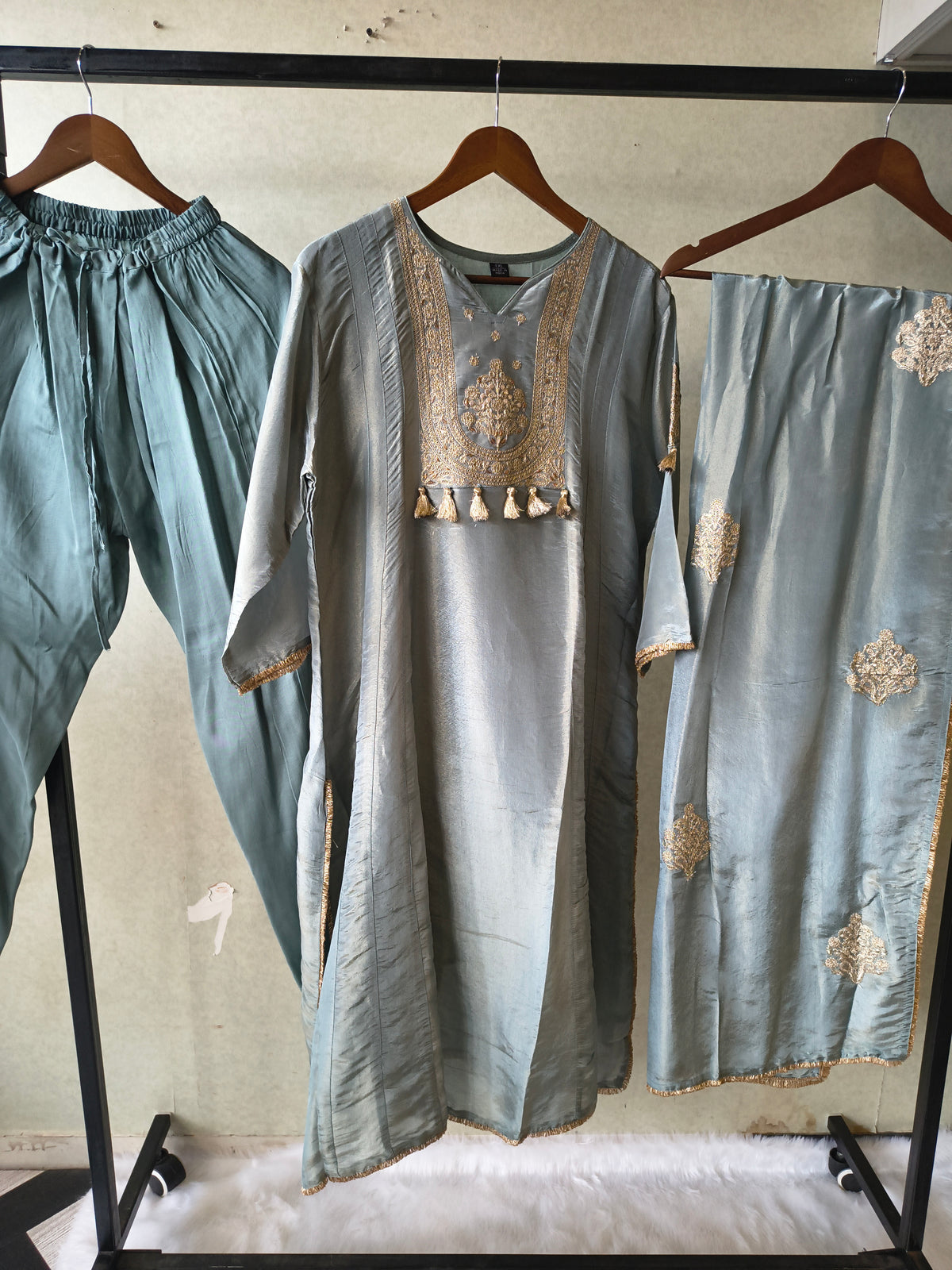 Premium Sage Blue Embroidered A-Line Kurta Set with Dupatta