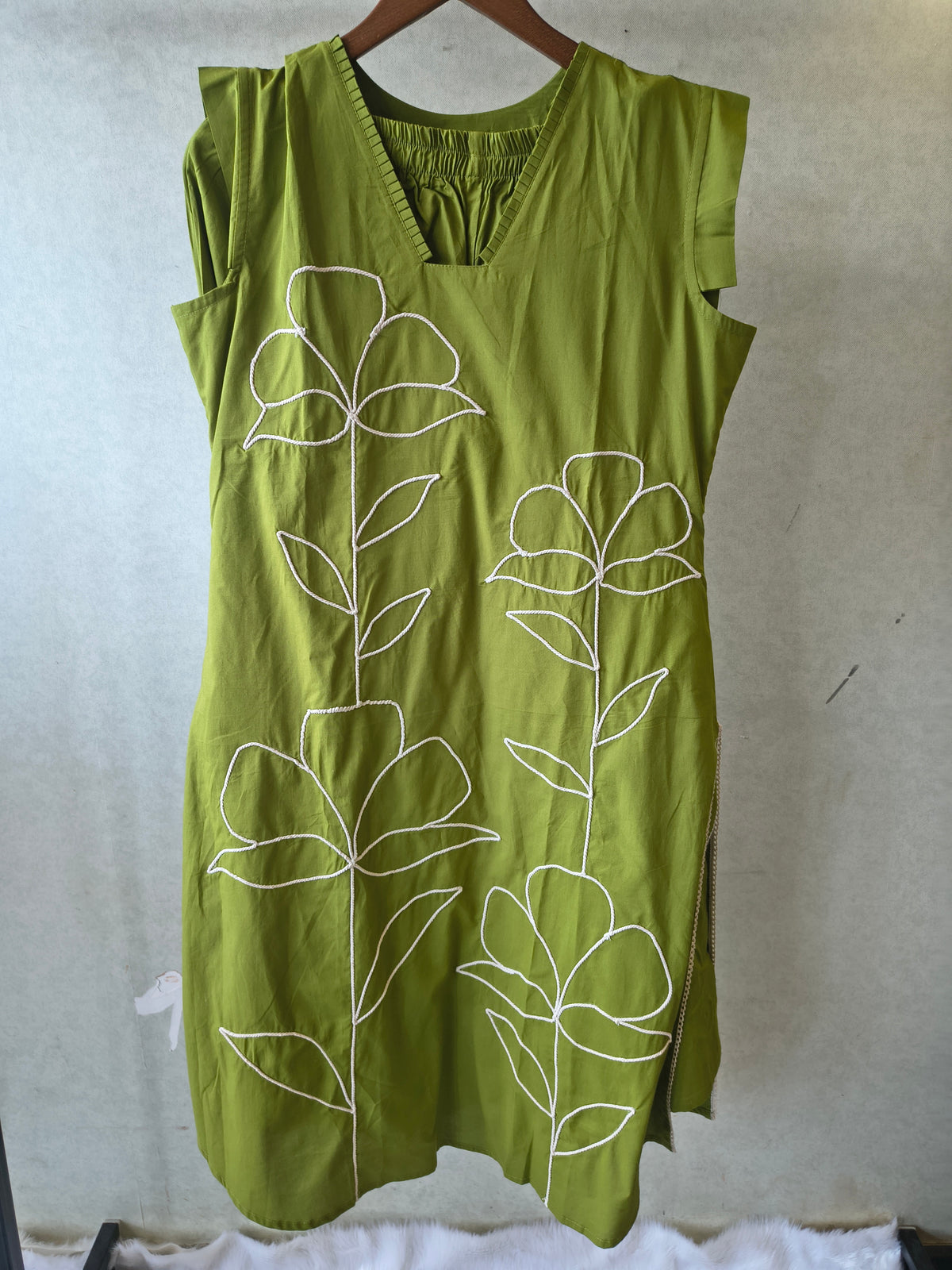 Olive Green Cotton Co-Ord Set with Abstract Floral Cord Embroidery
