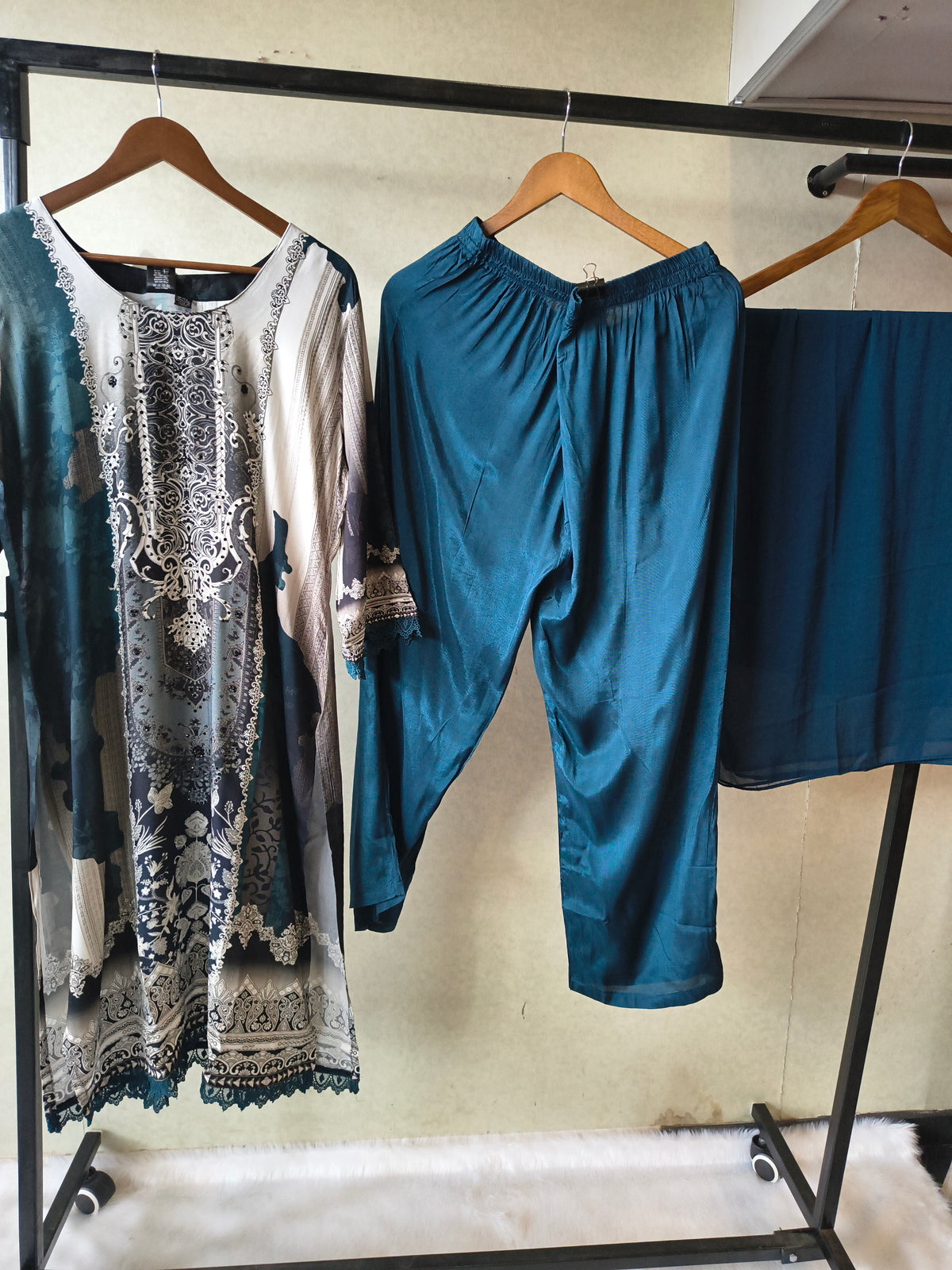 Premium Teal Blue Digital Printed Kurta Set with Solid Pants & Chiffon Dupatta