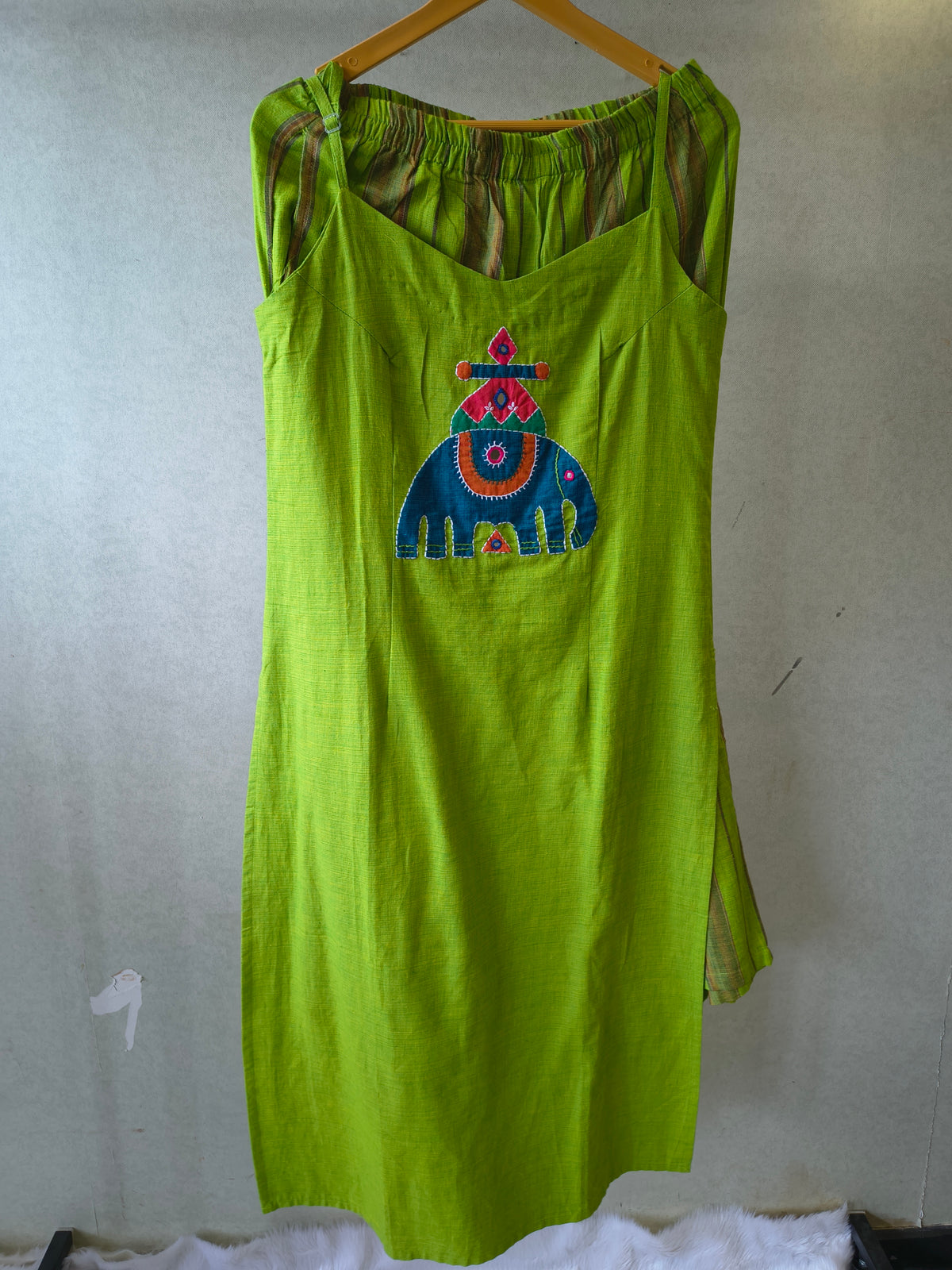 Lime Green Sleeveless Cotton Kurta Set with Tribal Elephant Appliqué & Striped Straight Pants