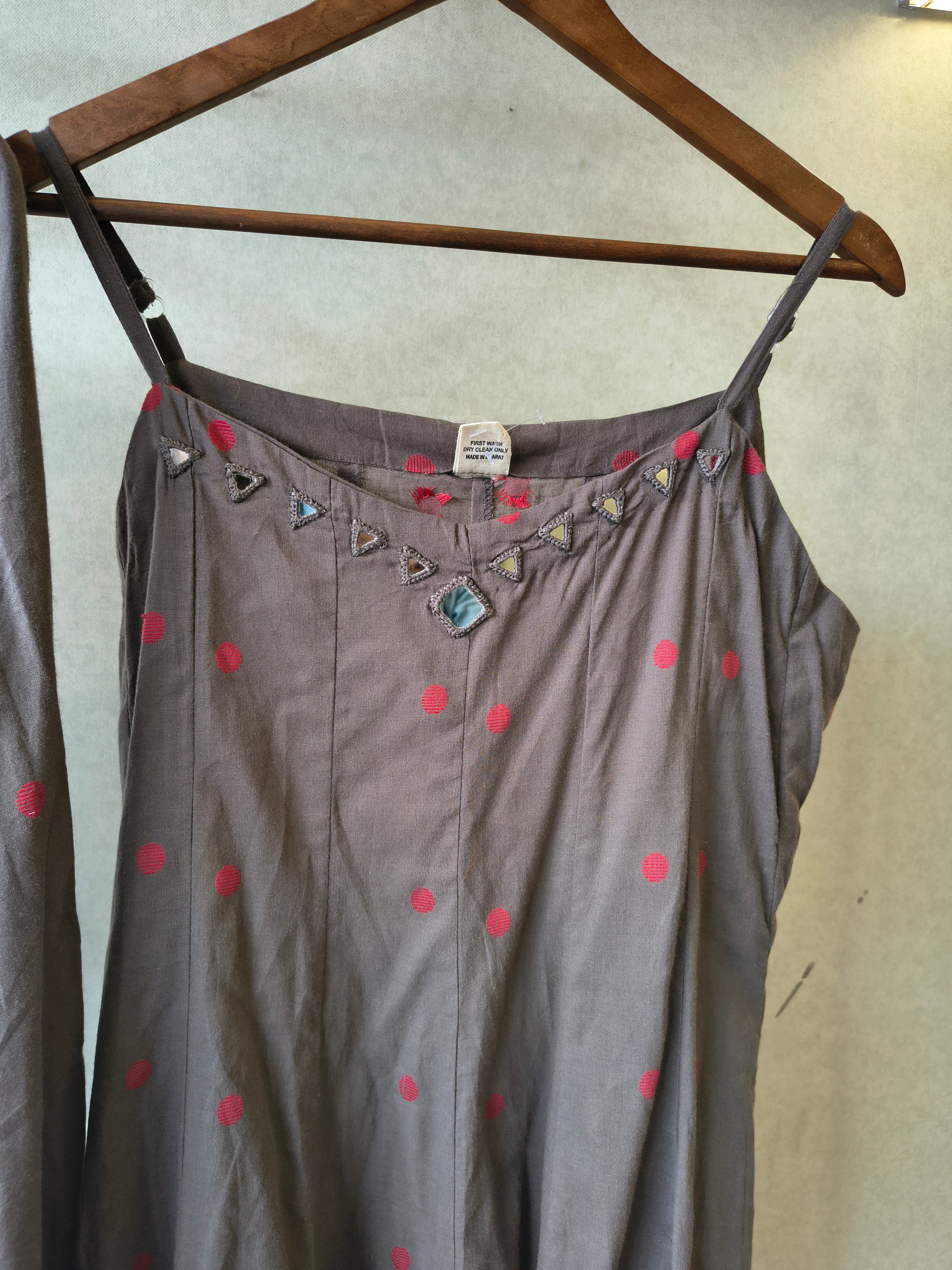 Image of Premium Charcoal Grey Polka Dot Cotton Sleeveless A-Line Kurta & Pant Co-Ord Set