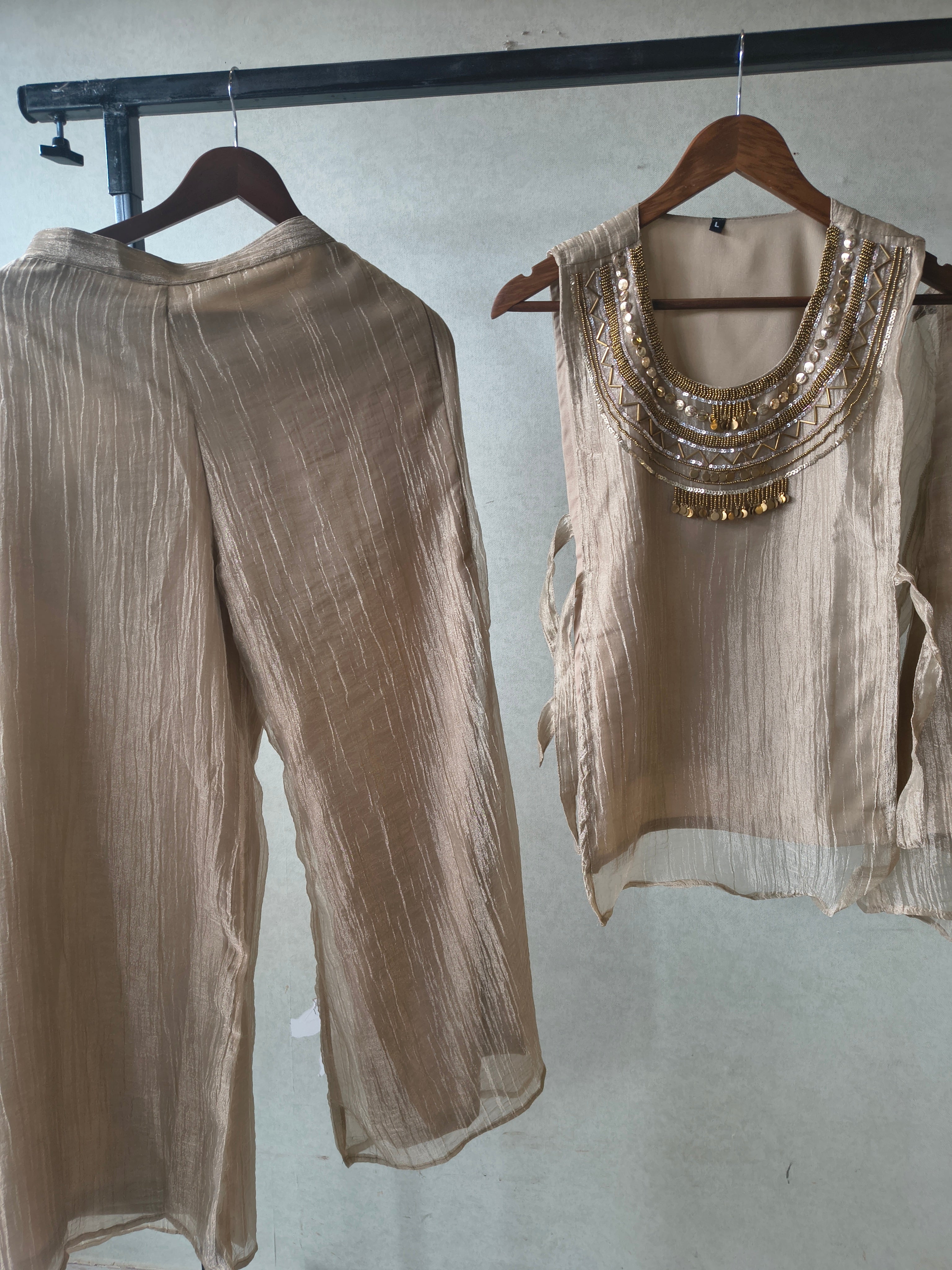 Image of Premium Champagne Tissue Silk 3-Piece Co-Ord Set with Statement Hand Embellished Jacket, Inner & Palazzo