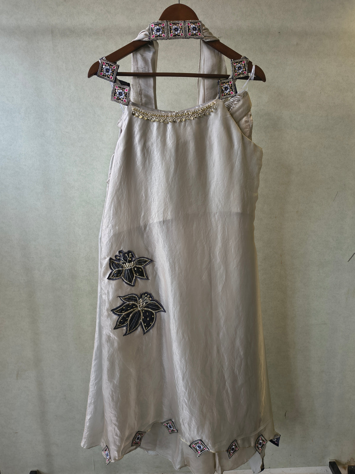 Ivory Designer A-Line Dress with Handcrafted Floral Appliqué & Embellished Scarf