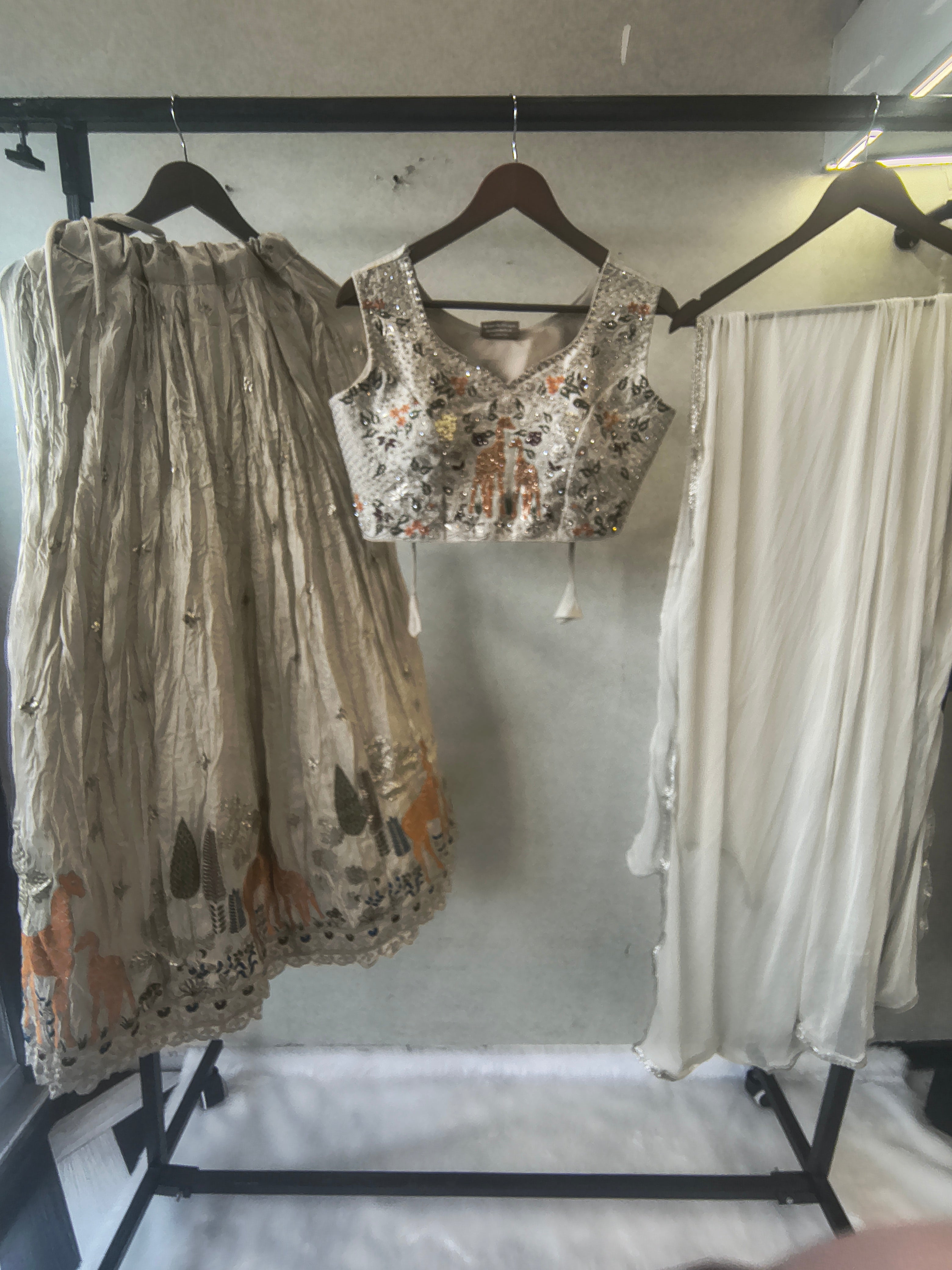 Image of Ivory Grey Hand-Embroidered Designer Lehenga Set with Statement Blouse & Soft Organza Dupatta | Premium Wedding Collection