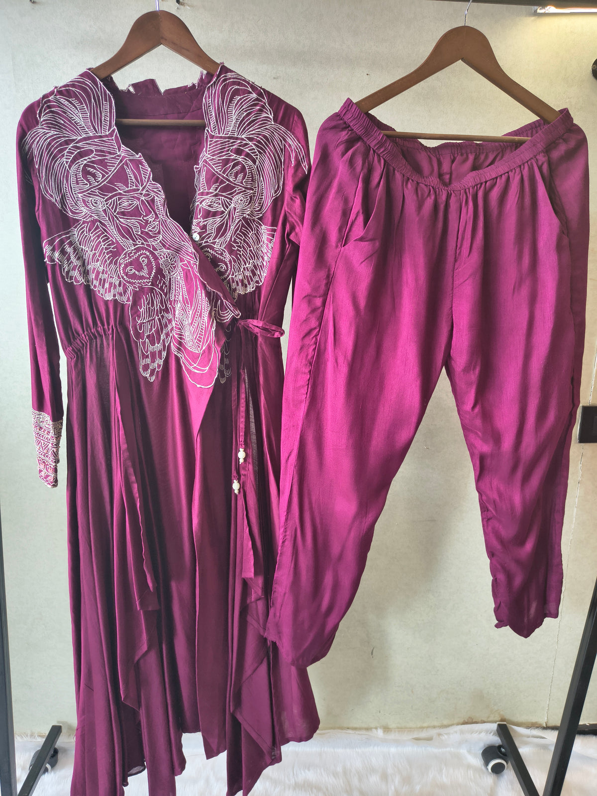 Wine Embroidered Wrap Style Indo-Western Jacket with Dhoti Pants – Designer 2 Piece Fusion Set