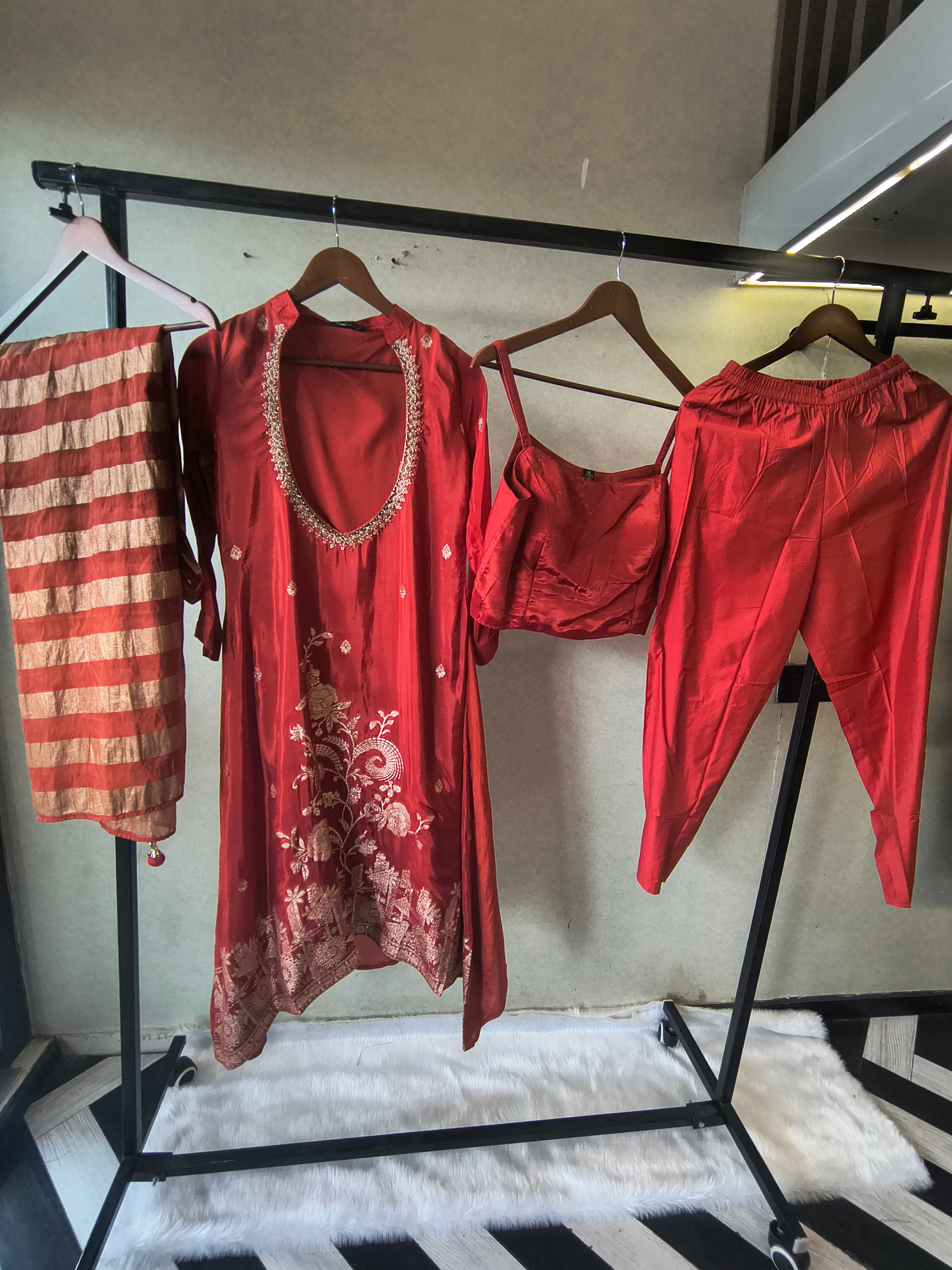 Image of Ruby Red Embroidered Asymmetrical Kurta with Inner, Cigarette Pants & Striped Dupatta – 4 Piece Designer Indo-Western Set