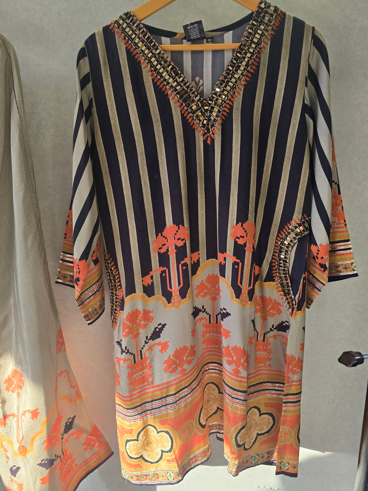Navy Stripe Mirror Work Kaftan Co-Ord Set