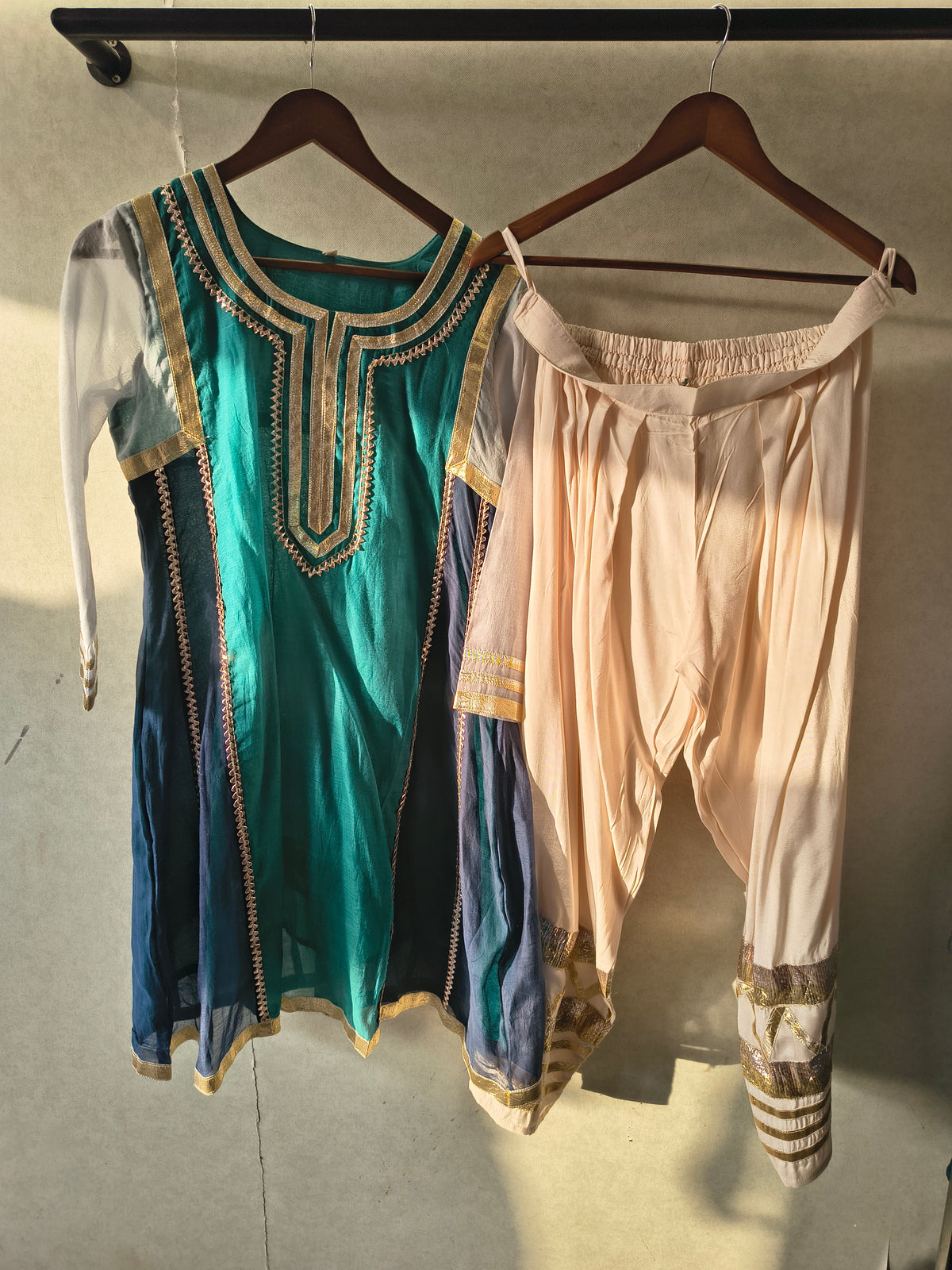 Teal & Navy Colour Block Designer Kurta Set with Gota Patti Dhoti Pants