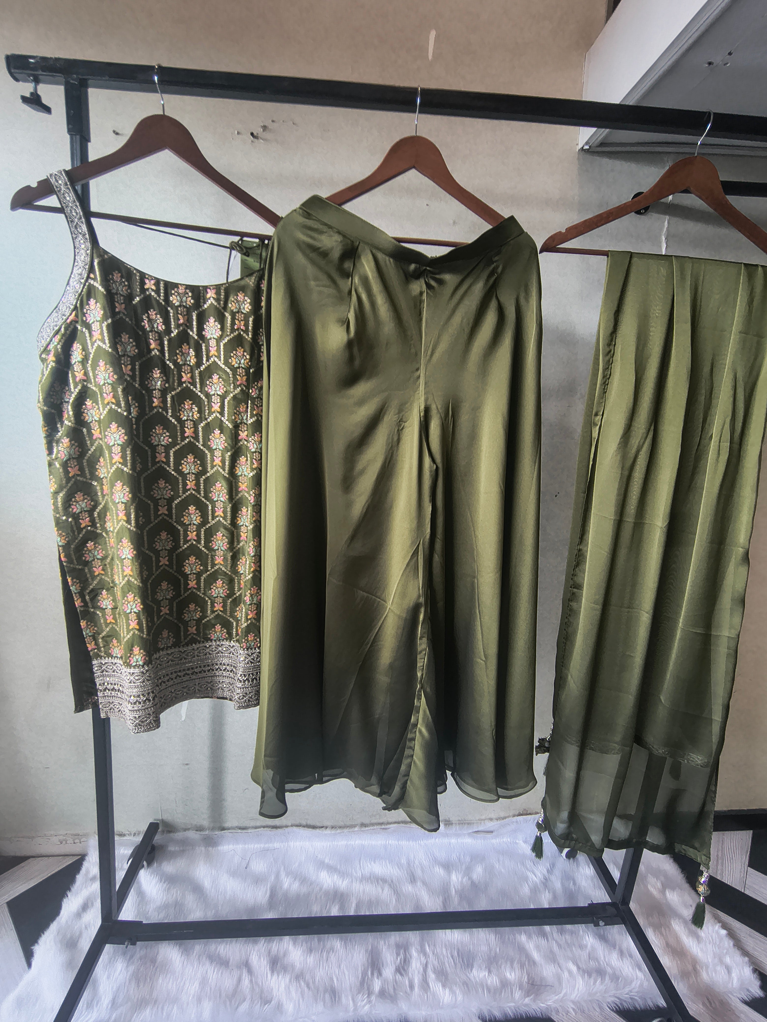Image of Olive Green Printed Sharara Set with Embroidered Border & Dupatta – Premium 3 Piece Festive Ensemble