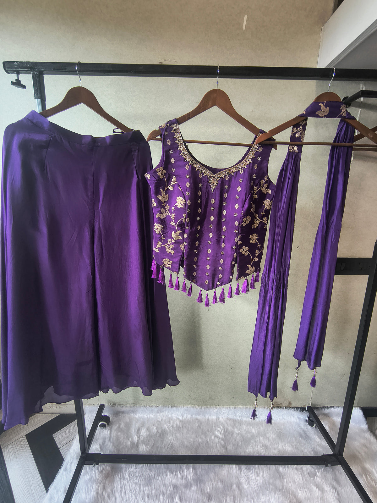 Premium Royal Purple 3-Piece Designer Lehenga Set with Zari Embroidered Peplum Blouse & Dupatta