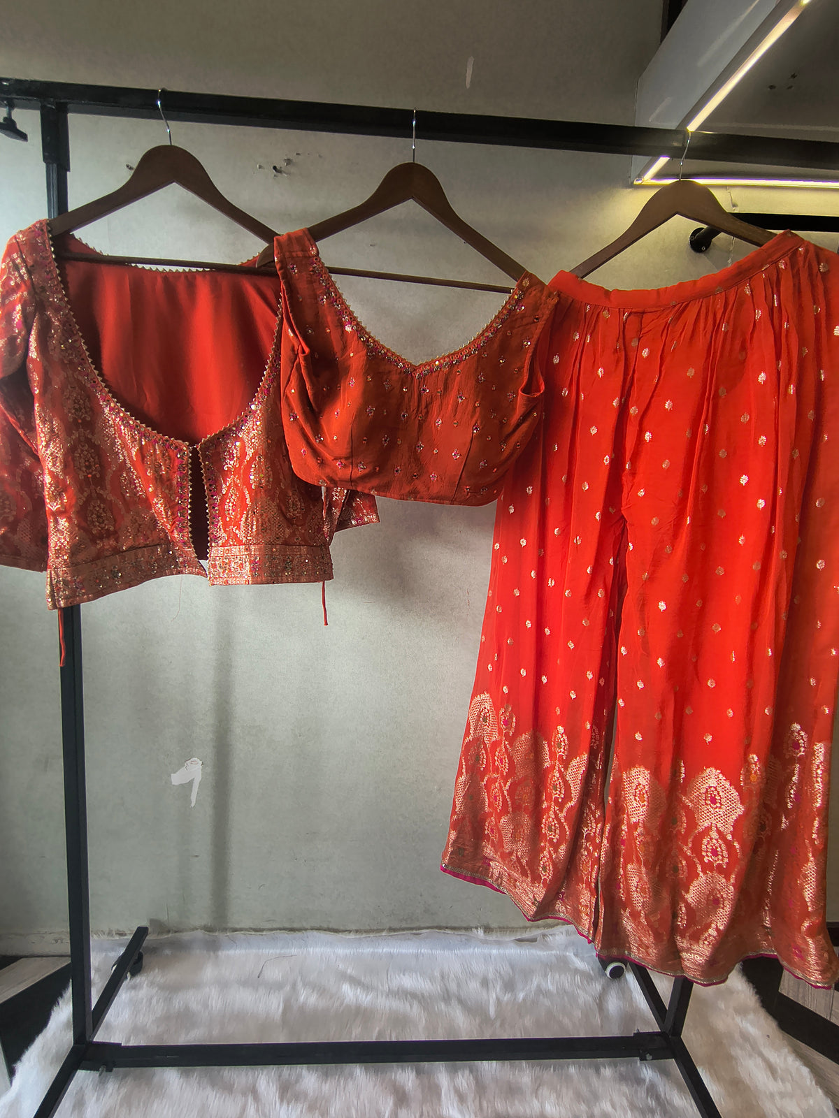 Rust Orange Banarasi Embroidered Lehenga Set with Handworked Blouse & Embellished Blouse – Designer 3 Piece Festive Ensemble