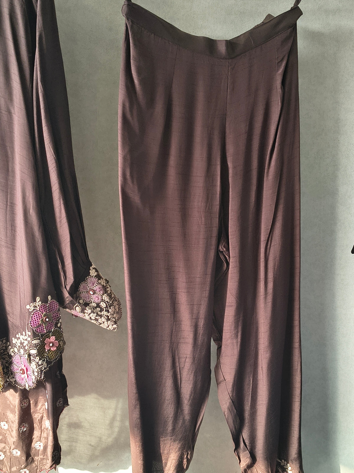 Chocolate Brown Designer Embroidered Co-Ord Set with 3D Floral Appliqué & Organza Hem