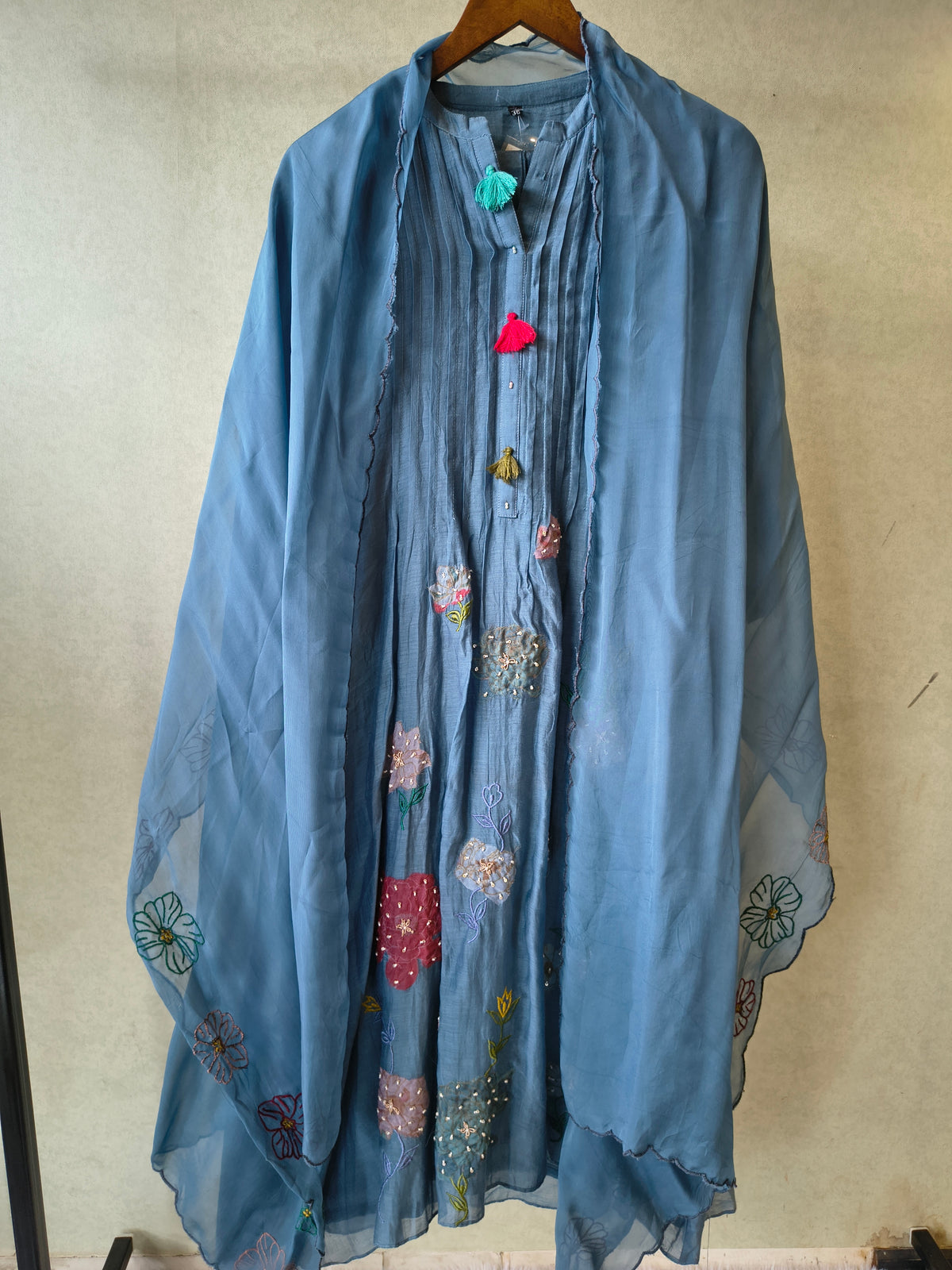 Premium Steel Blue Embroidered Straight Kurta with Dhoti Pants & Embroidered Organza Dupatta Set