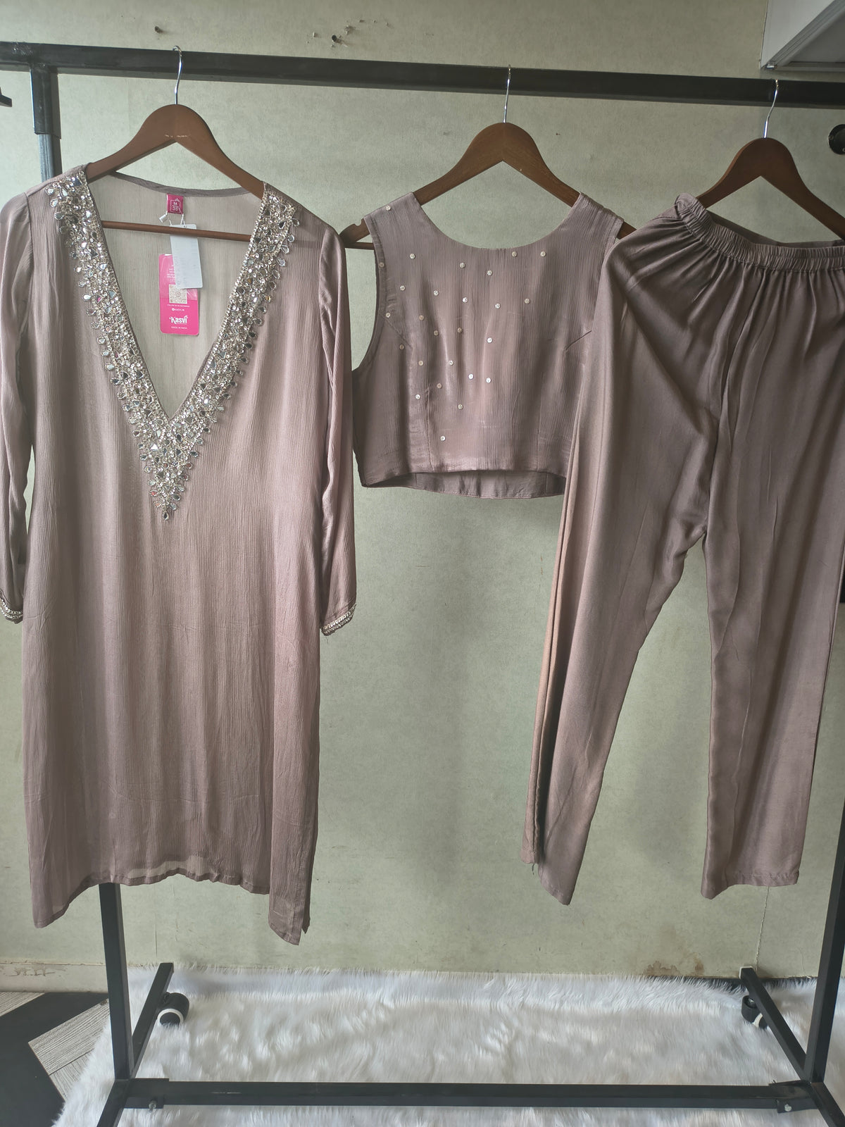 Luxury Taupe Embellished Kurta with Sleeveless Blouse & Straight Pants – 3 Piece Designer Indo-Western Set