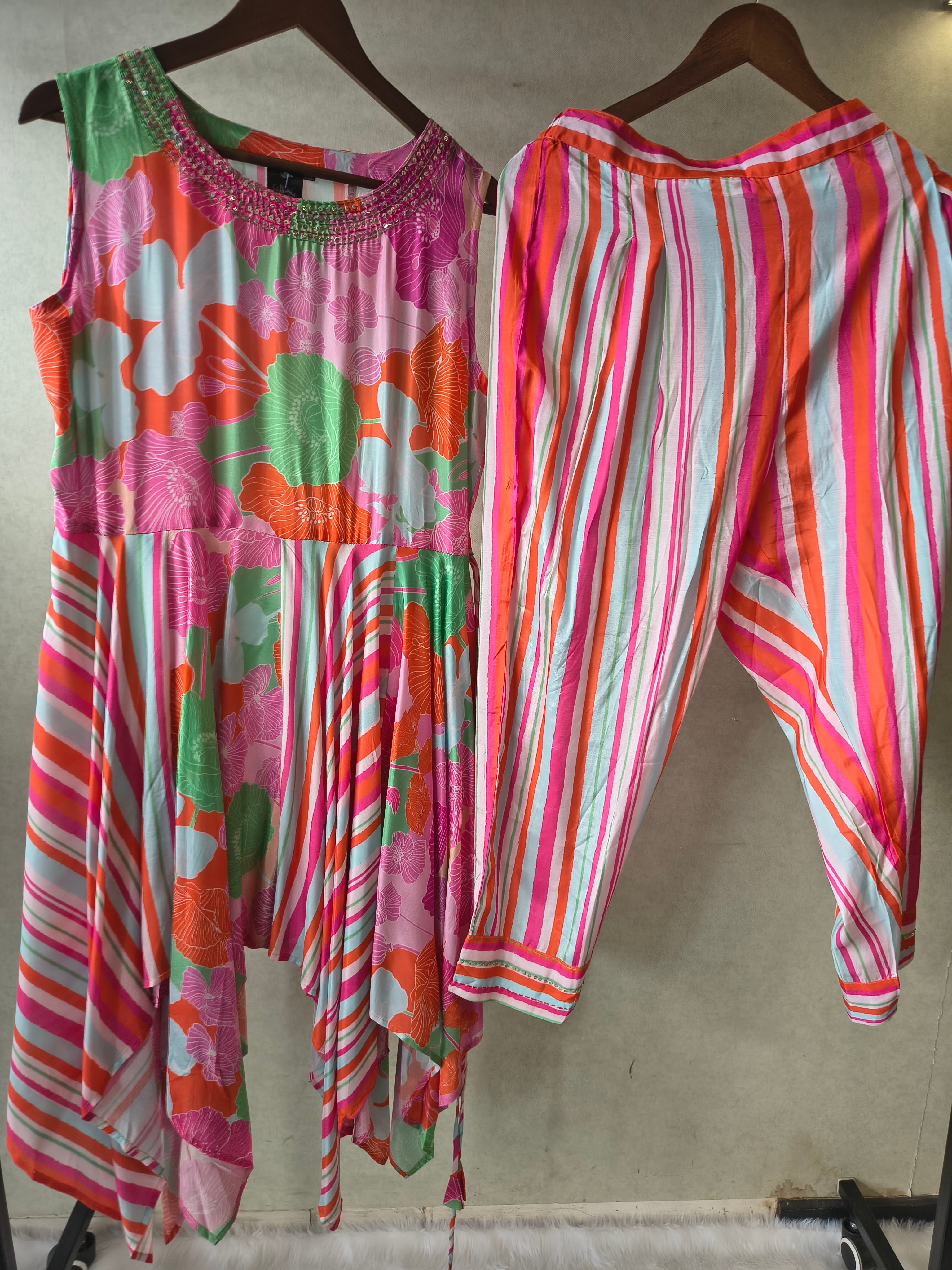 Image of Premium Tropical Floral Handkerchief Kurta with Striped Tapered Pants Co-Ord Set
