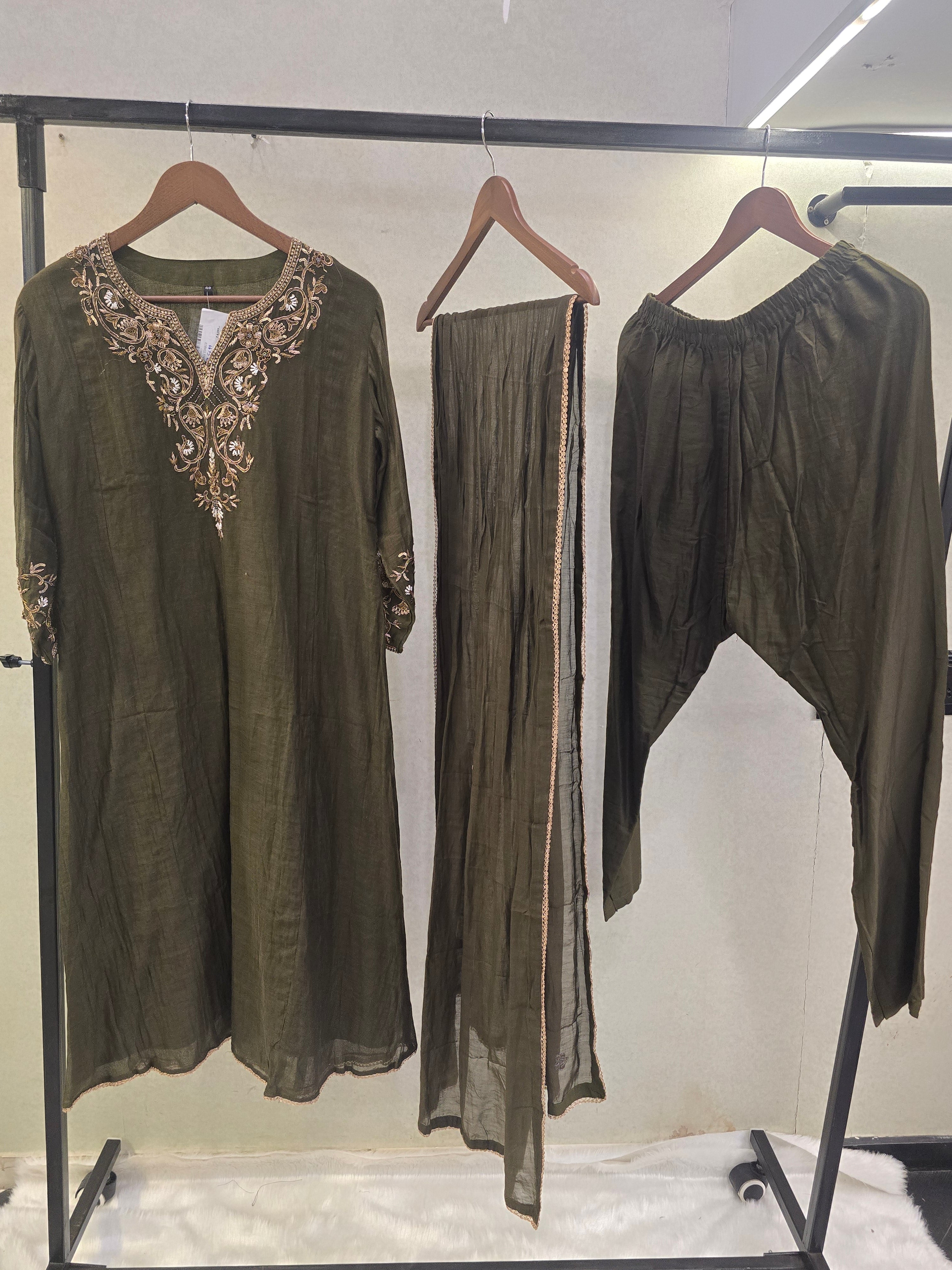 Image of Olive Green Designer Embroidered Kurta Set with Chiffon Dupatta | Premium 3 Piece Ethnic Suit