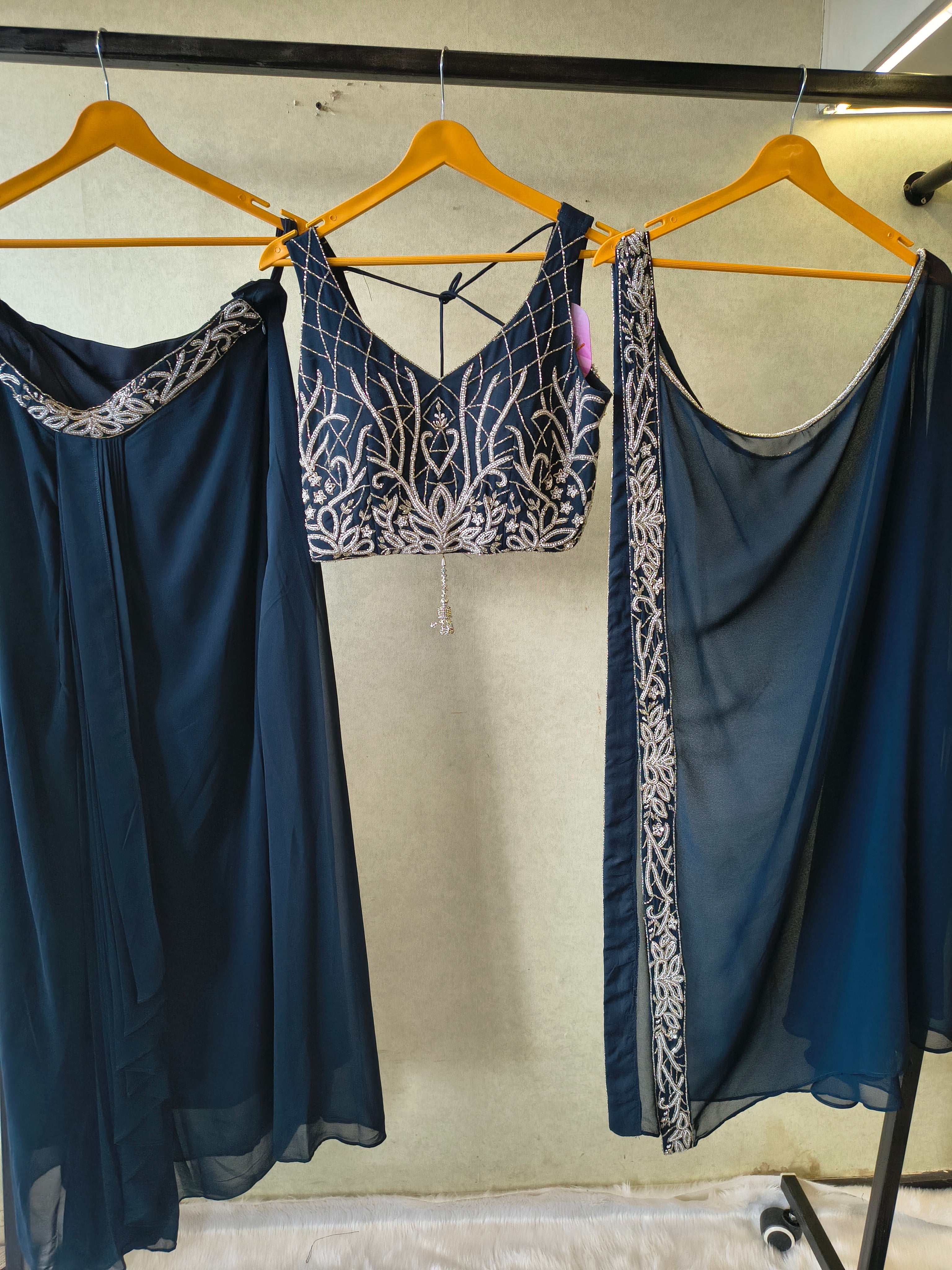 Image of Midnight Navy Embroidered Designer Blouse with Flared Palazzo & Embroidered Dupatta – 3 Piece Festive Indo-Western Set