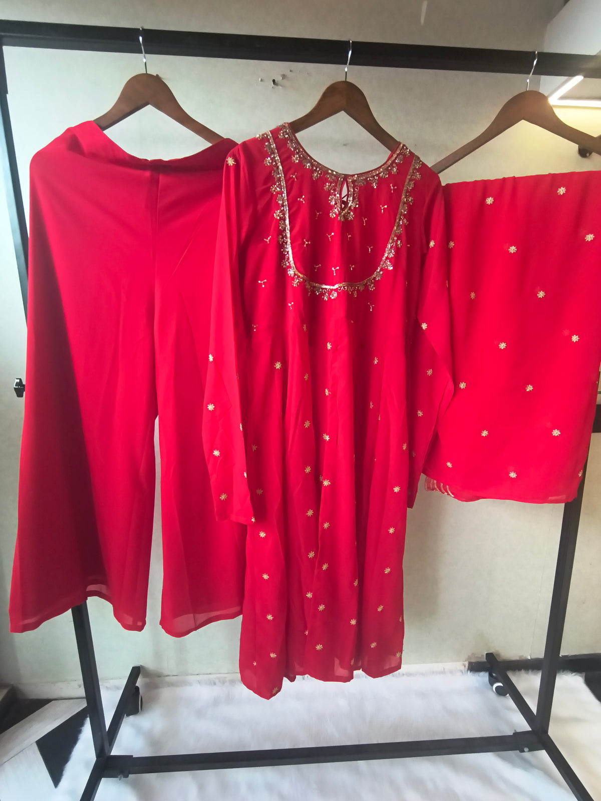 Premium Ruby Red Embroidered Kurta with Sharara & Embellished Dupatta Set