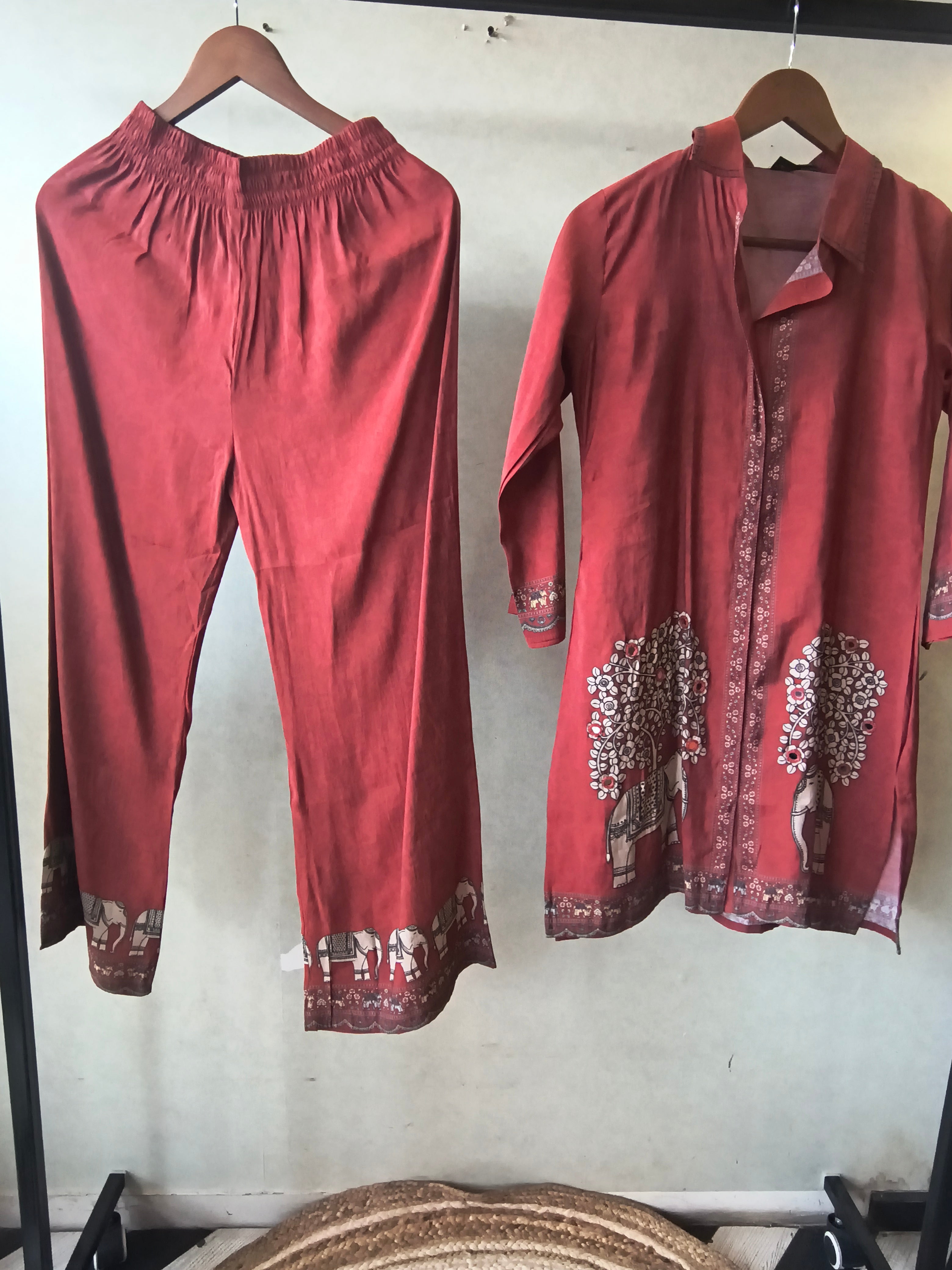 Image of Rust Red Elephant Print Designer Co-Ord Set with Asymmetrical Hem