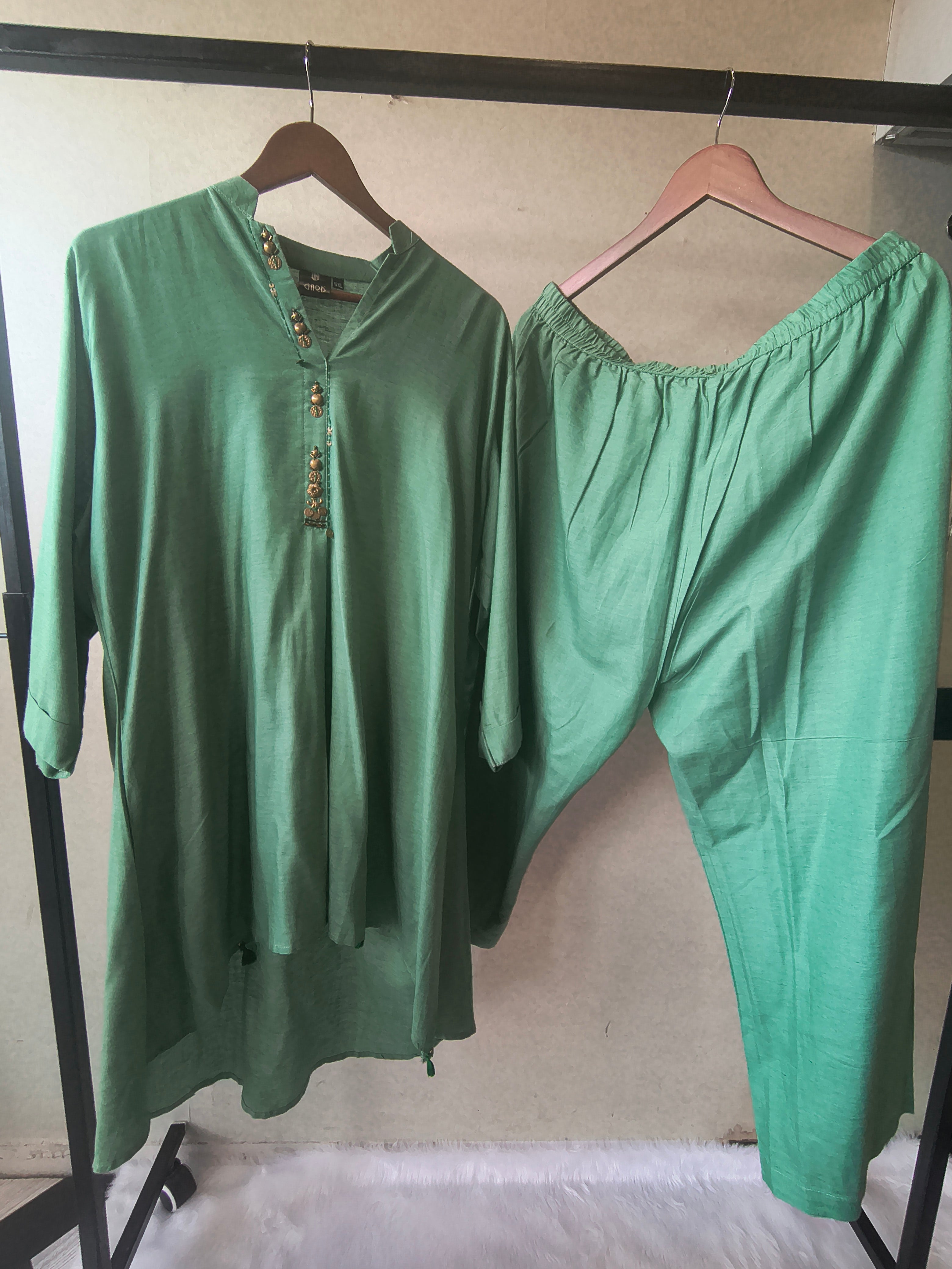 Image of Premium Sage Green Designer Co-Ord Kurta Set with Antique Button Detailing