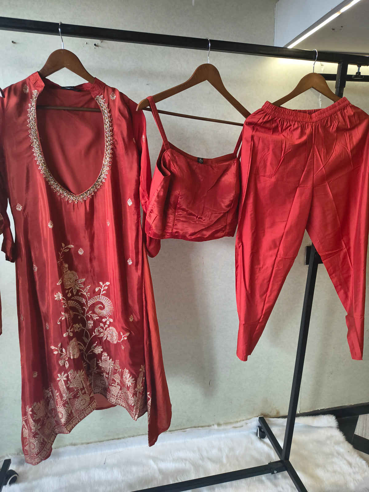 Ruby Red Embroidered Asymmetrical Kurta with Inner, Cigarette Pants & Striped Dupatta – 4 Piece Designer Indo-Western Set