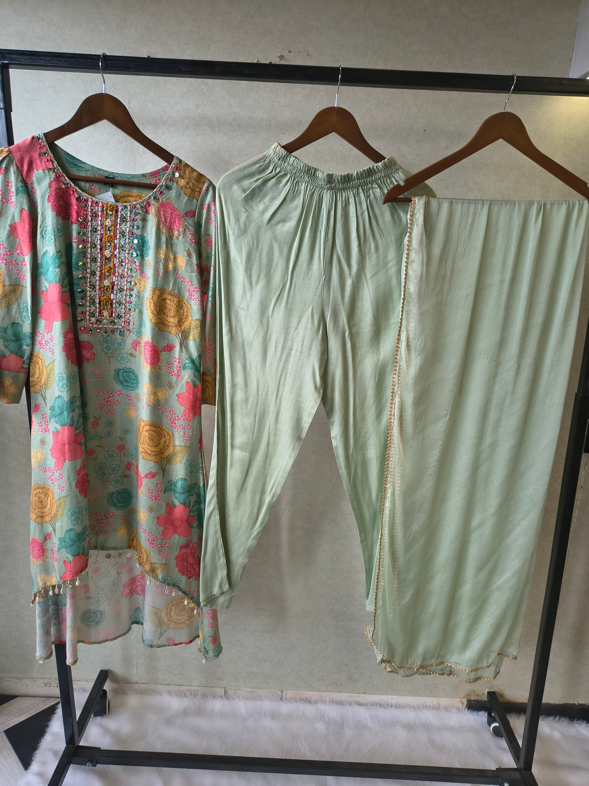 Premium Mint Green Floral Printed Kurta Set with Embellished Neckline & Dupatta