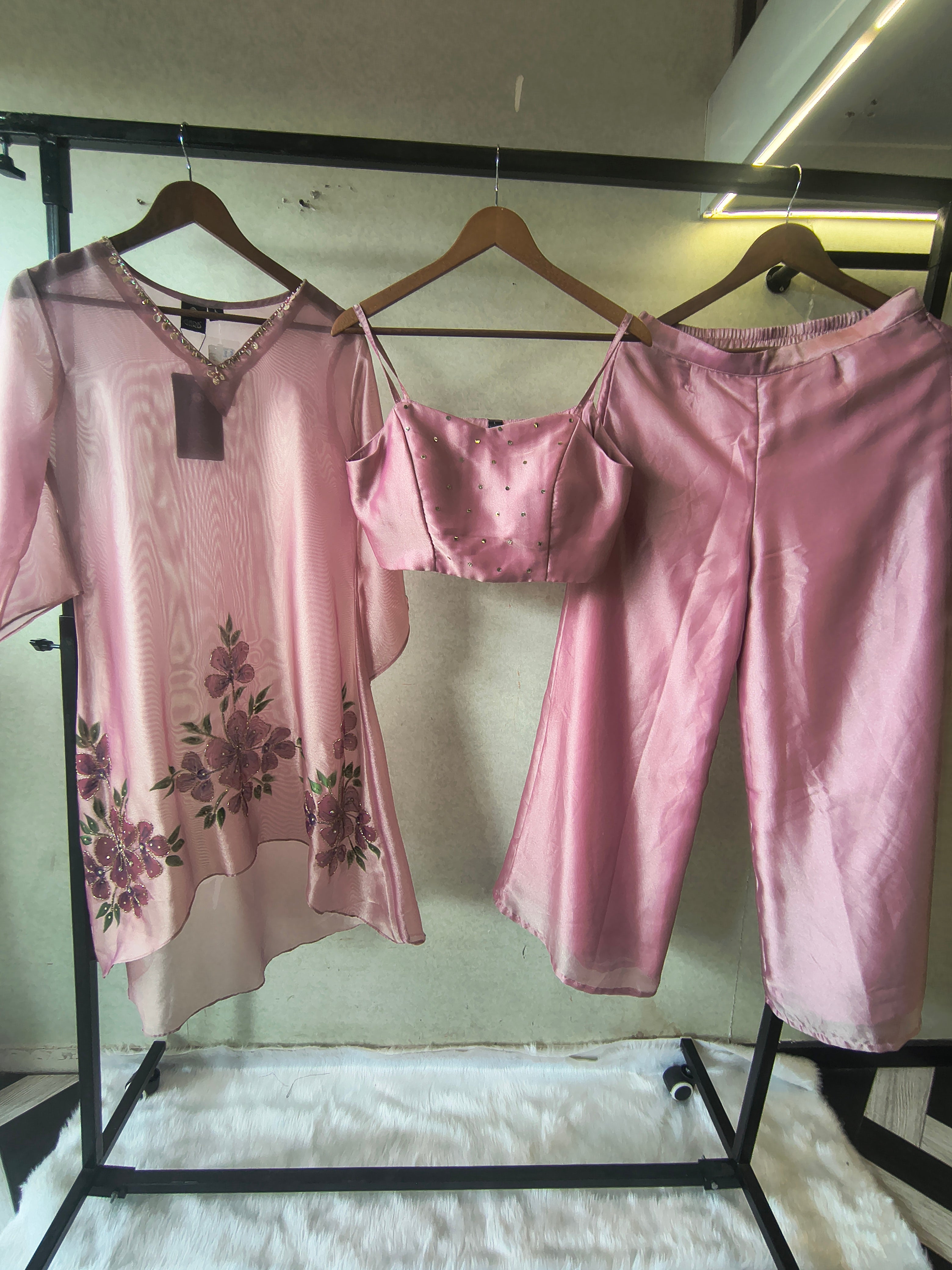 Image of Blush Pink Floral Embroidered Kaftan Co-ord Set with Hand-Painted Cape, Embellished Blouse & Palazzo