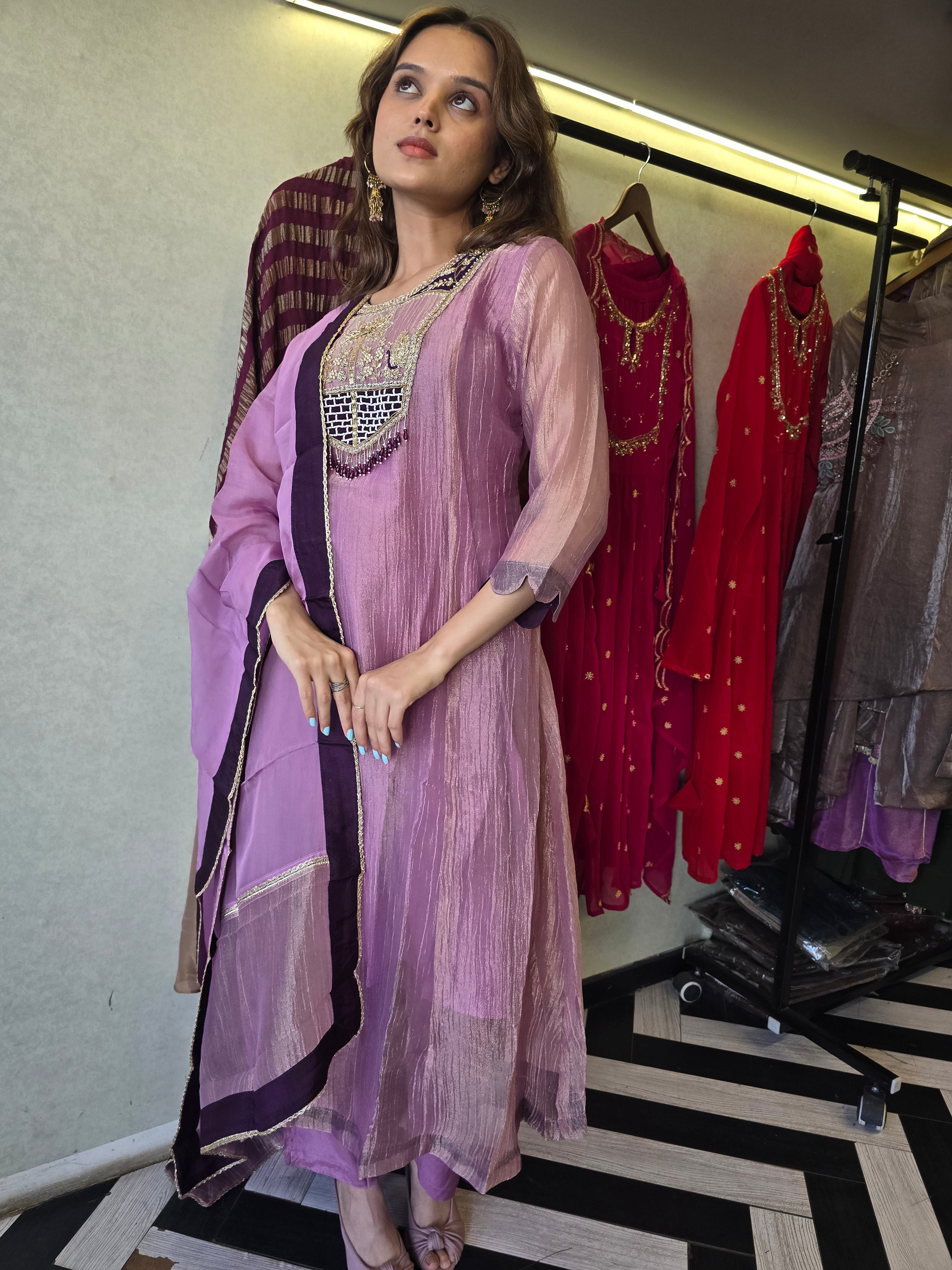 Image of Pure Soft Tissue Anarkali Kurti Set