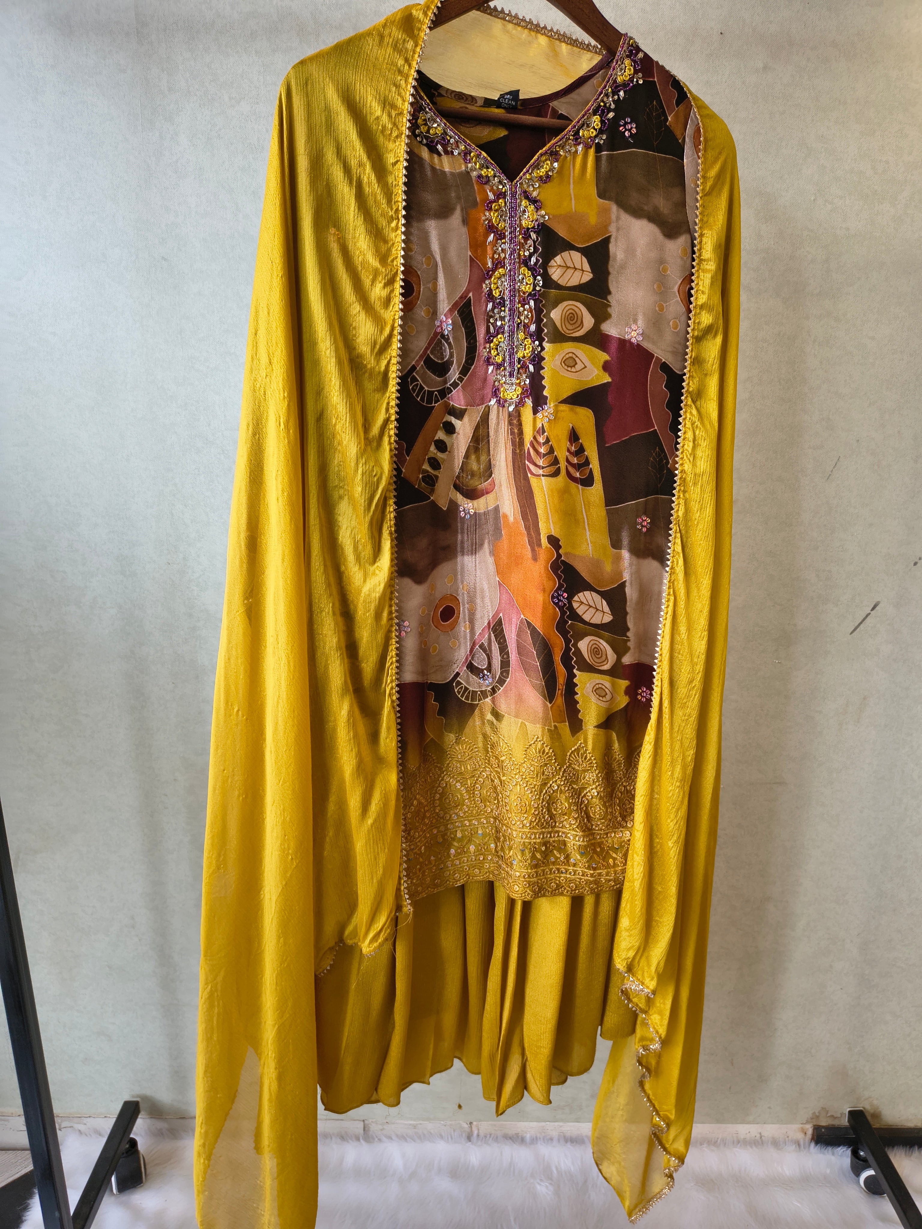 Image of Premium Mustard Abstract Printed Kurta with Sharara & Dupatta Set