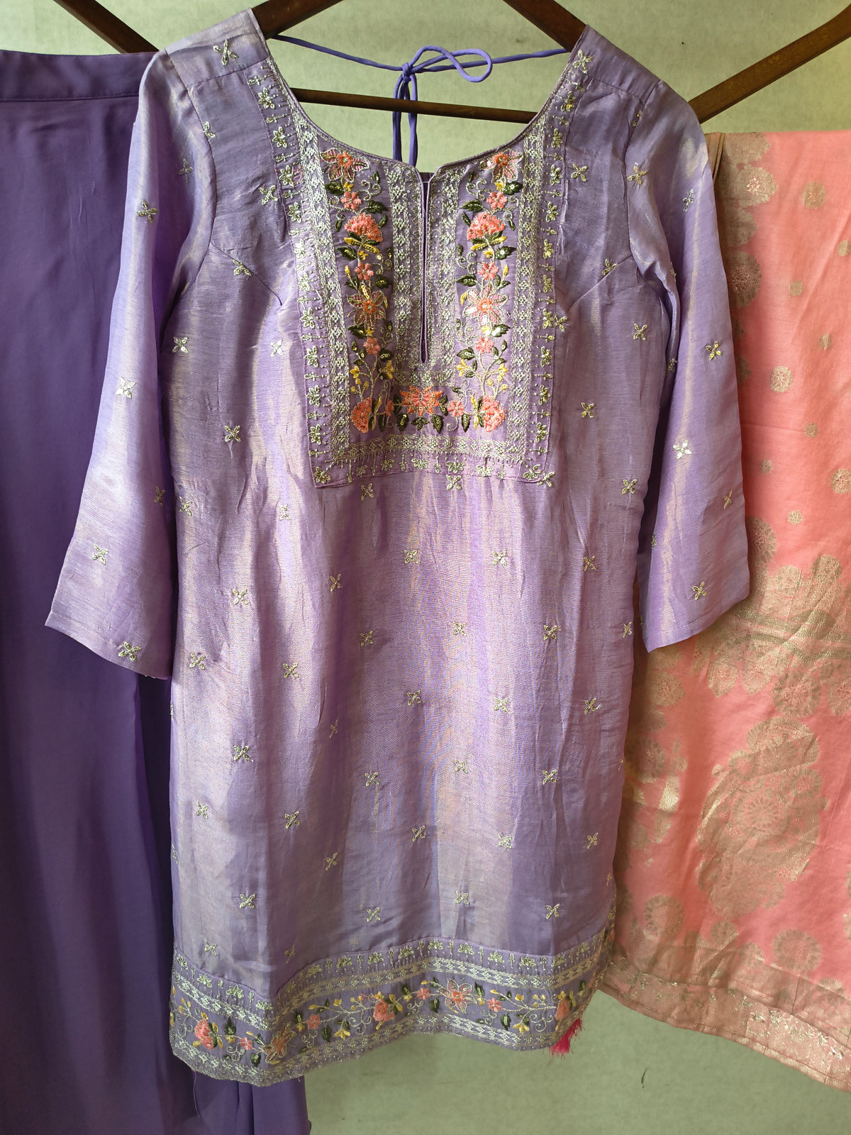 Premium Lavender Embroidered Kurta with Sharara & Banarasi Dupatta Set