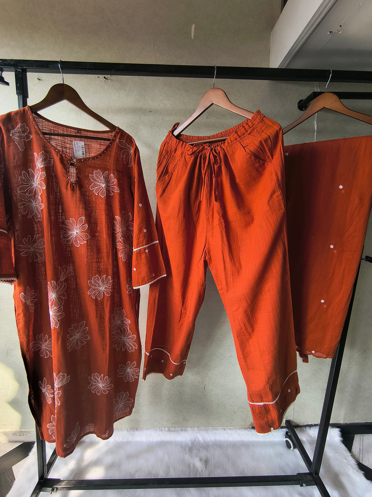 Rust Orange Floral Printed Cotton Kurta Set with Solid Pants & Embroidered Dupatta