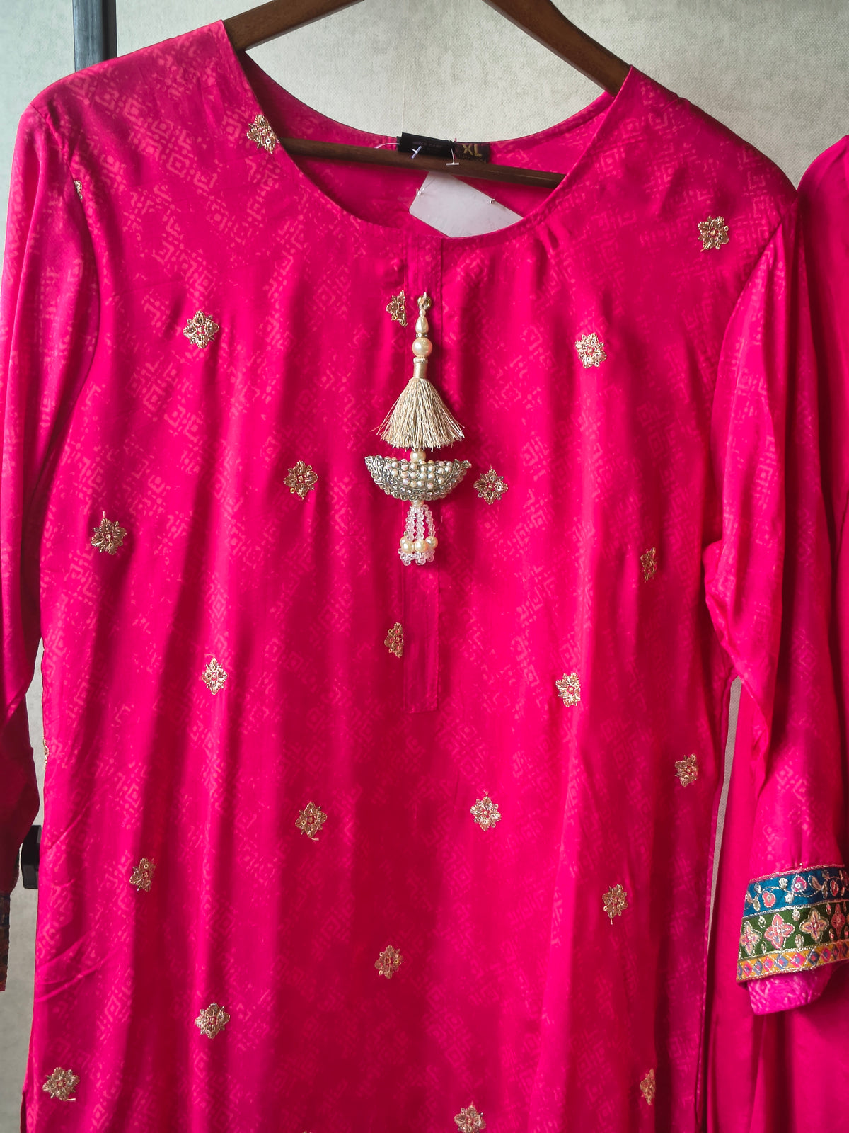 Premium Rani Pink Printed Straight Kurta with Cigarette Pants & Dupatta Set