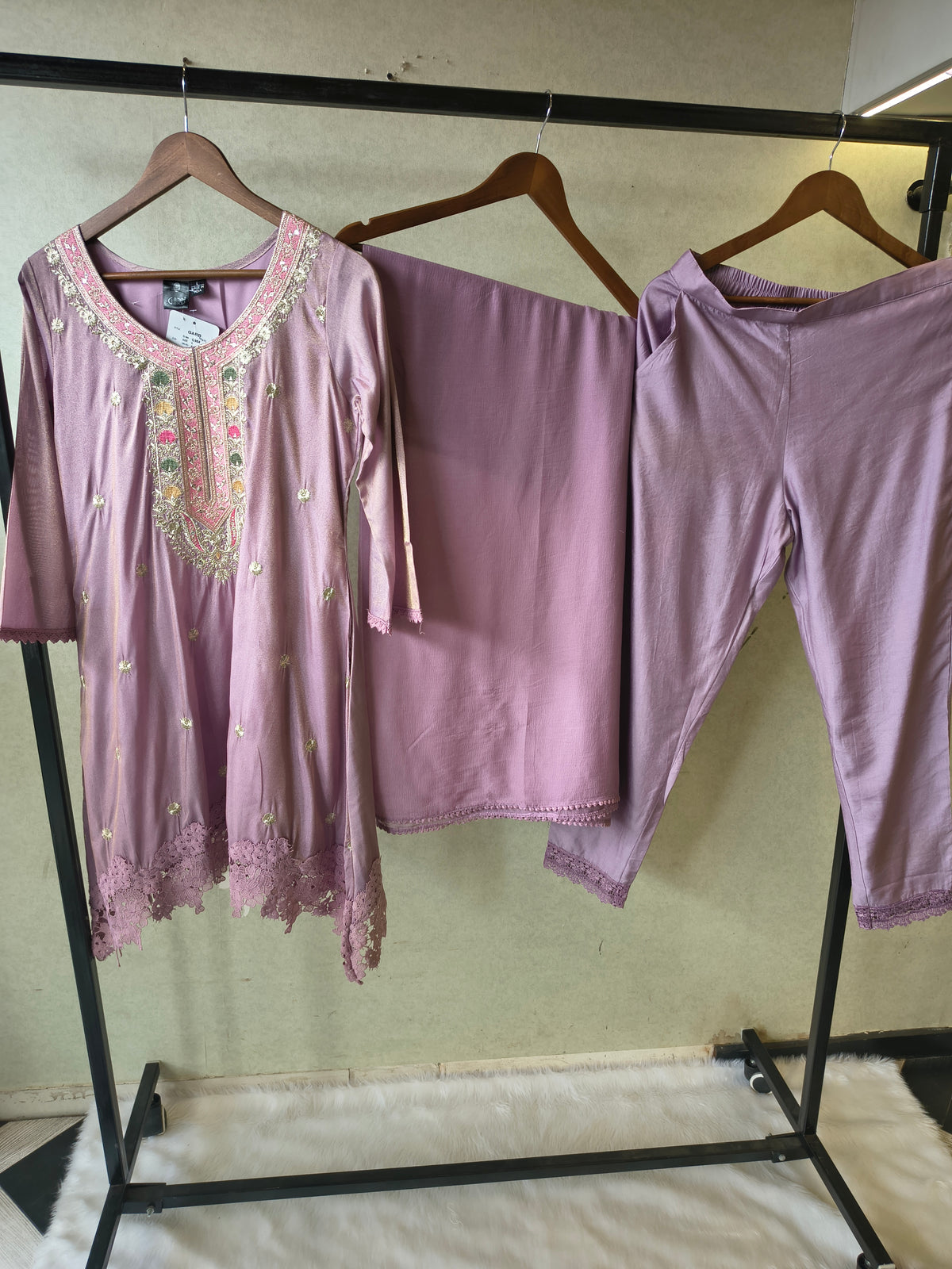 Premium Dusty Lilac Embroidered Kurta Set with Lace Hem & Dupatta