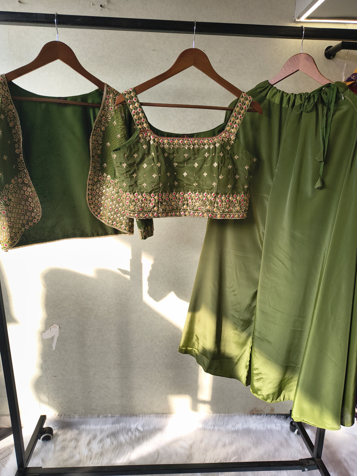 Luxury Olive Green Embellished Blouse with Embroidered Jacket & Flared Palazzo – 3 Piece Designer Indo-Western Set