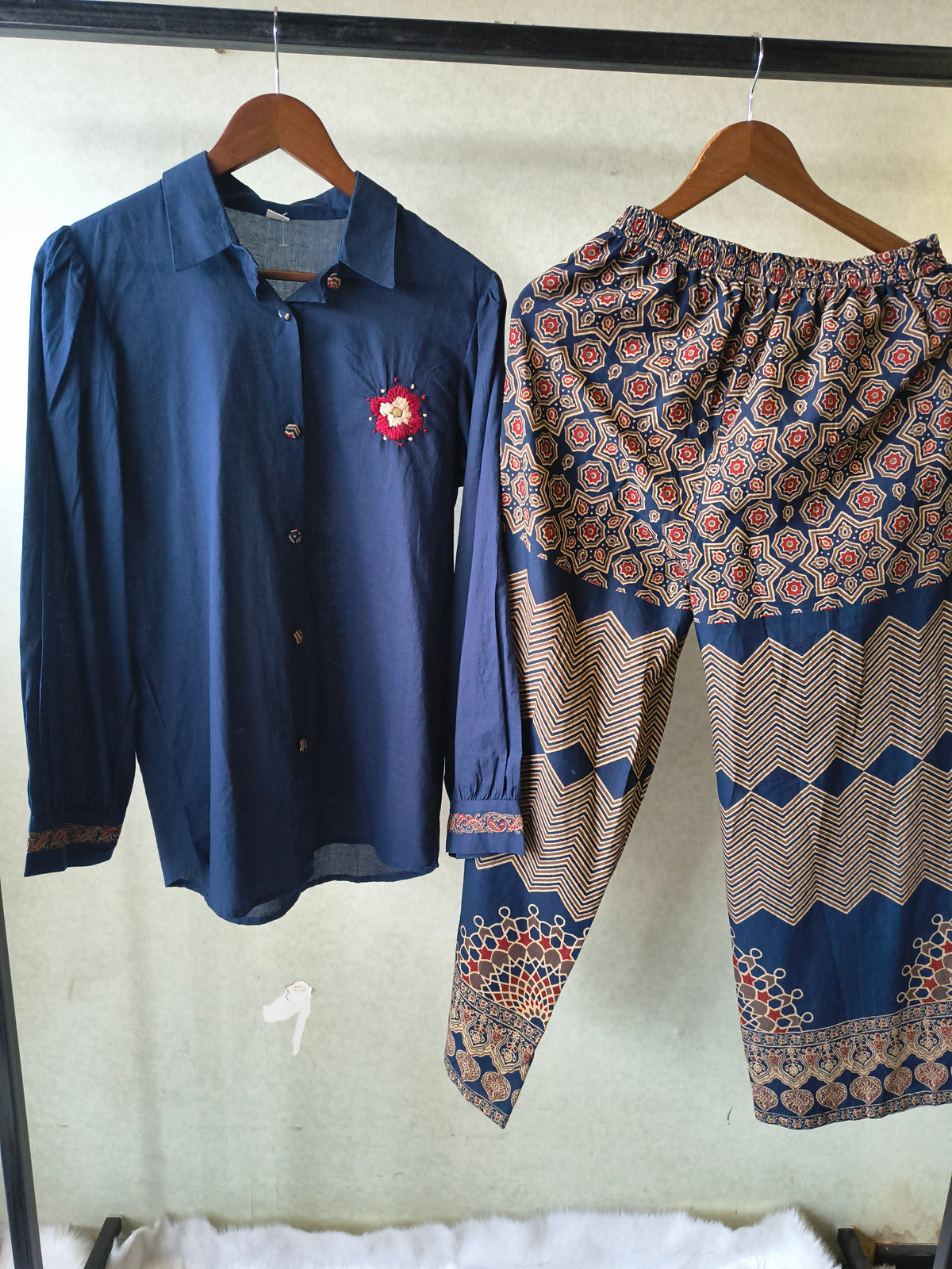 Navy Blue Designer Shirt Co-Ord Set with Statement Printed Palazzo Pants