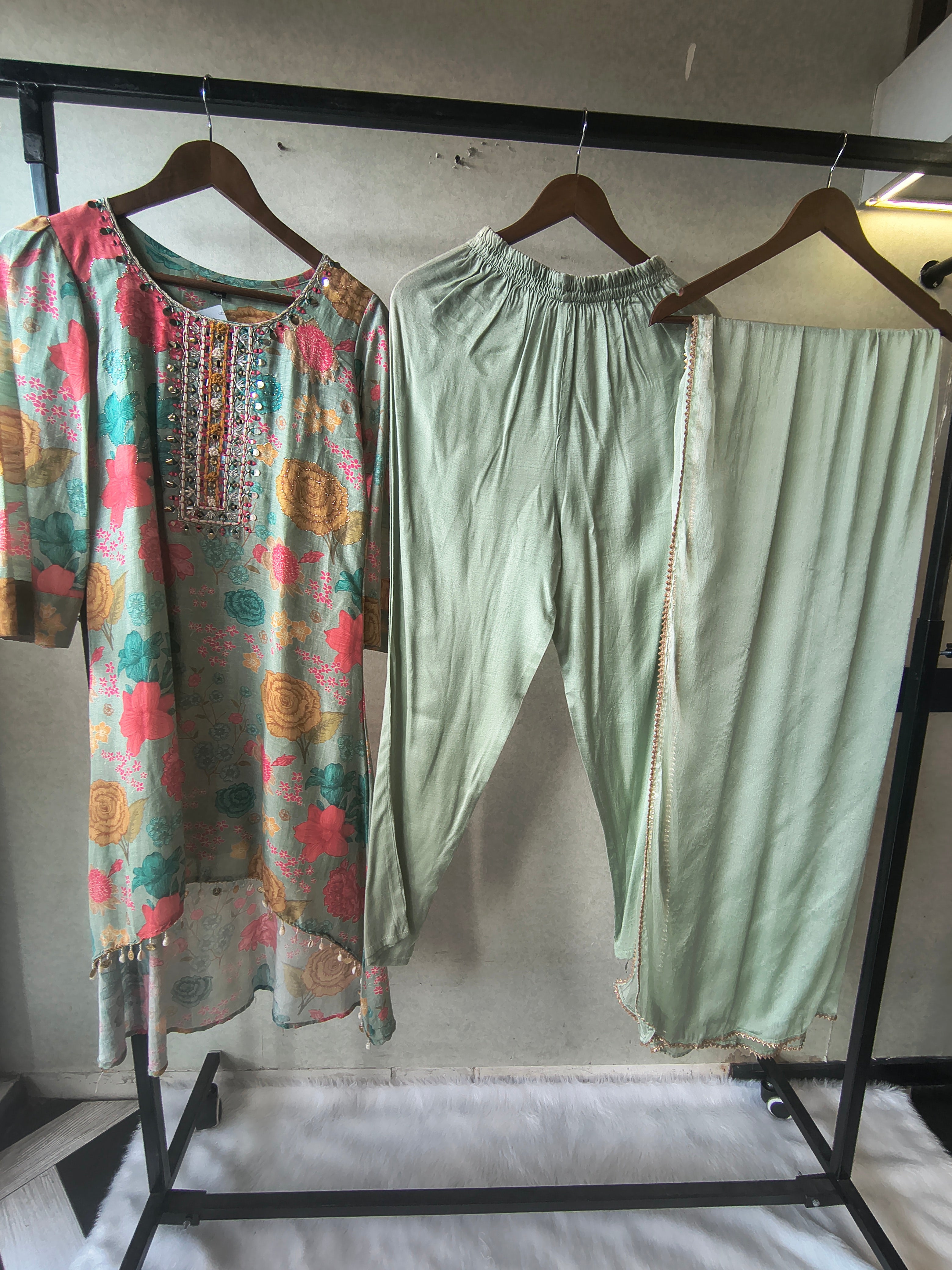 Image of Premium Mint Green Floral Printed Kurta Set with Embellished Neckline & Dupatta