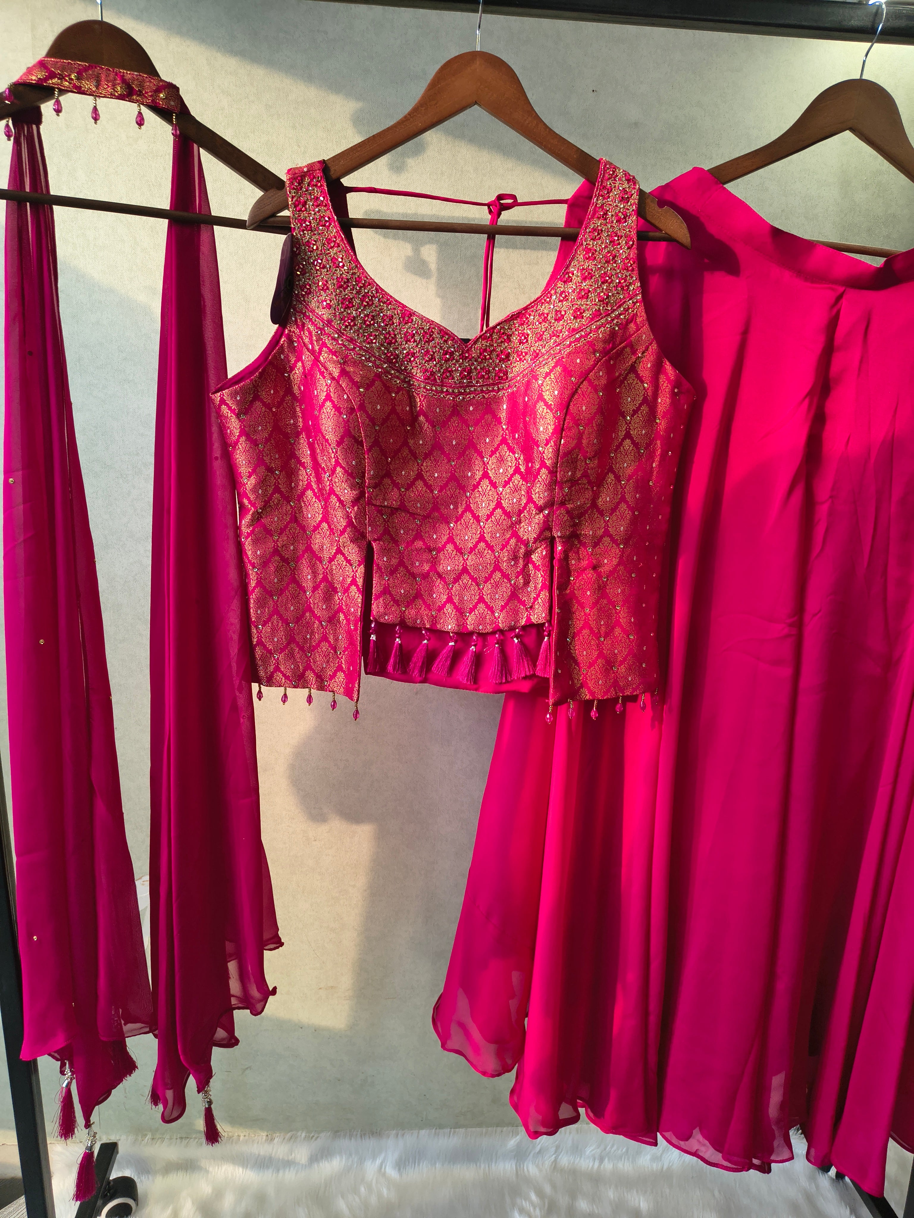 Image of Luxury Rani Pink Brocade Blouse with Flared Palazzo & Embellished Choker Dupatta – 3 Piece Designer Indo-Western Set