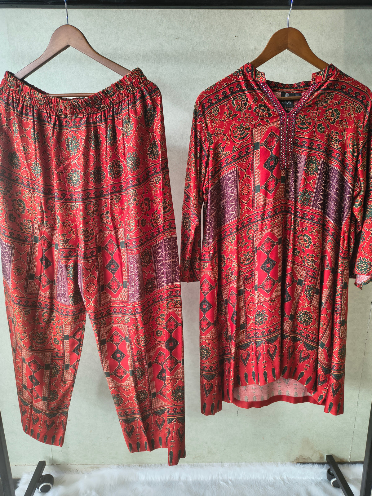Premium Rust Red Tribal Print Co-Ord Kurta Set with Straight Pants
