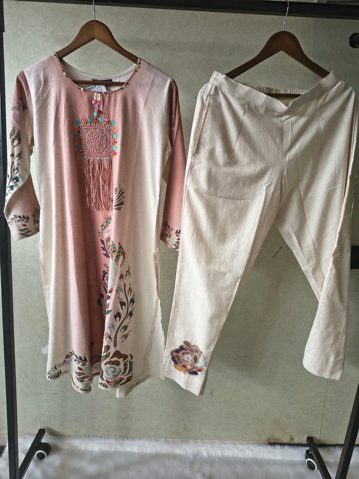 Premium Blush Pink Linen Blend Kurta Set with Handcrafted Embroidered Tassel Patch & Embroidered Pants