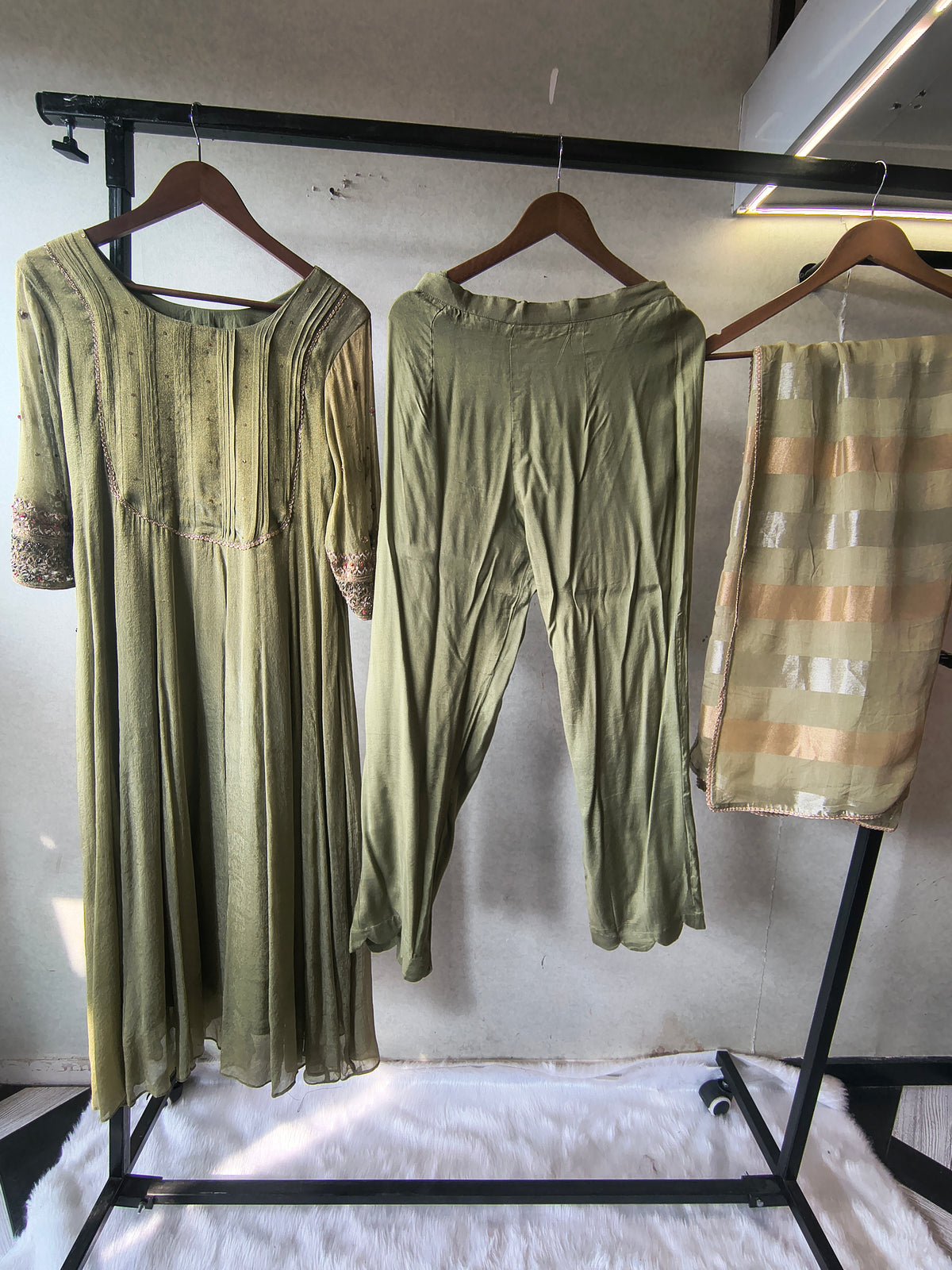 Sage Green Georgette Anarkali Suit Set with Pintuck Yoke, Embroidered Sleeves & Metallic Striped Dupatta – Premium 3 Piece Ethnic Ensemble