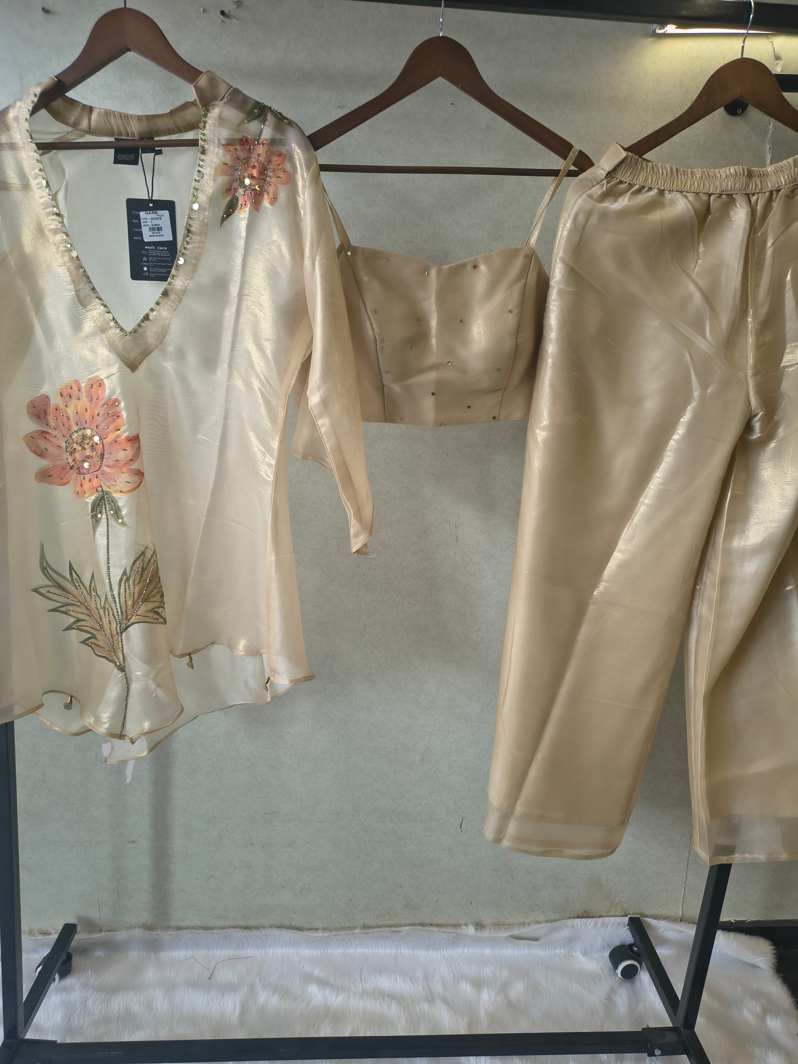 Image of Champagne Gold Floral Hand-Painted Kaftan Co-ord Set with Embellished Blouse & Satin Palazzo