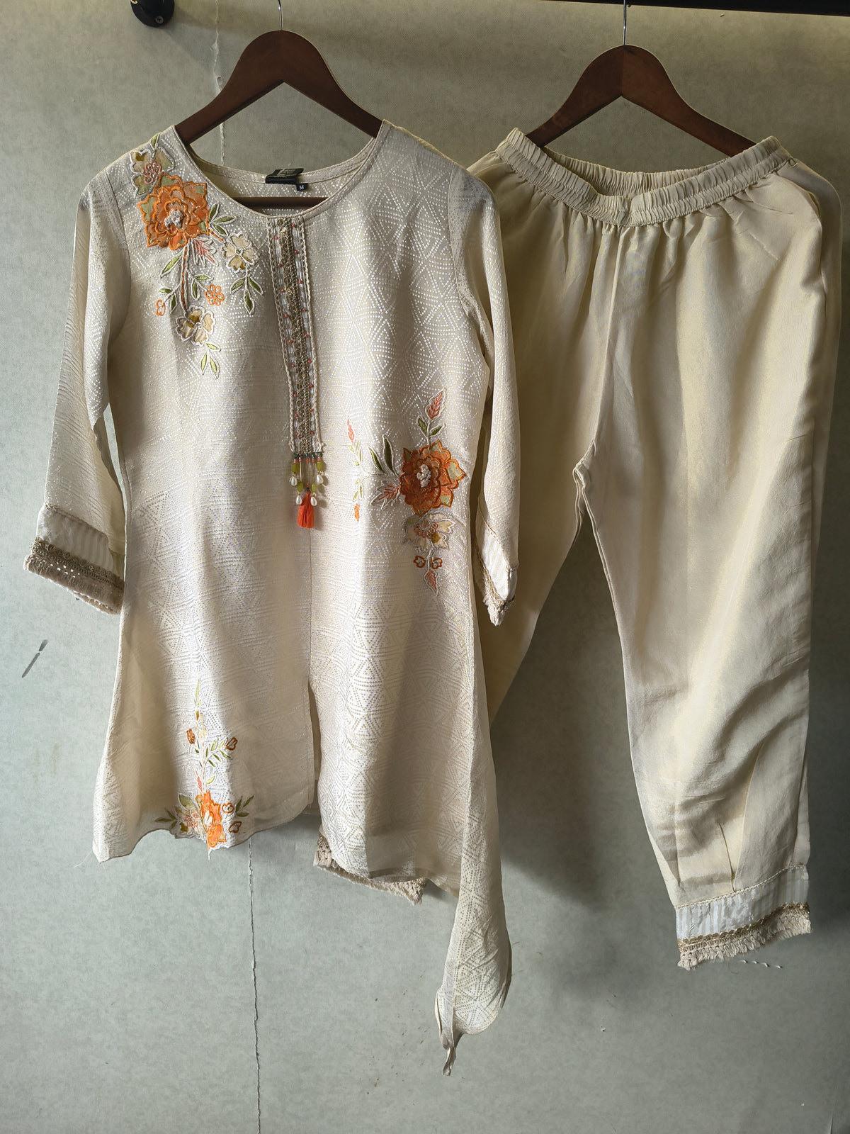 Ivory Floral Embroidered Premium Asymmetrical Kurta Pant Co-Ord Set