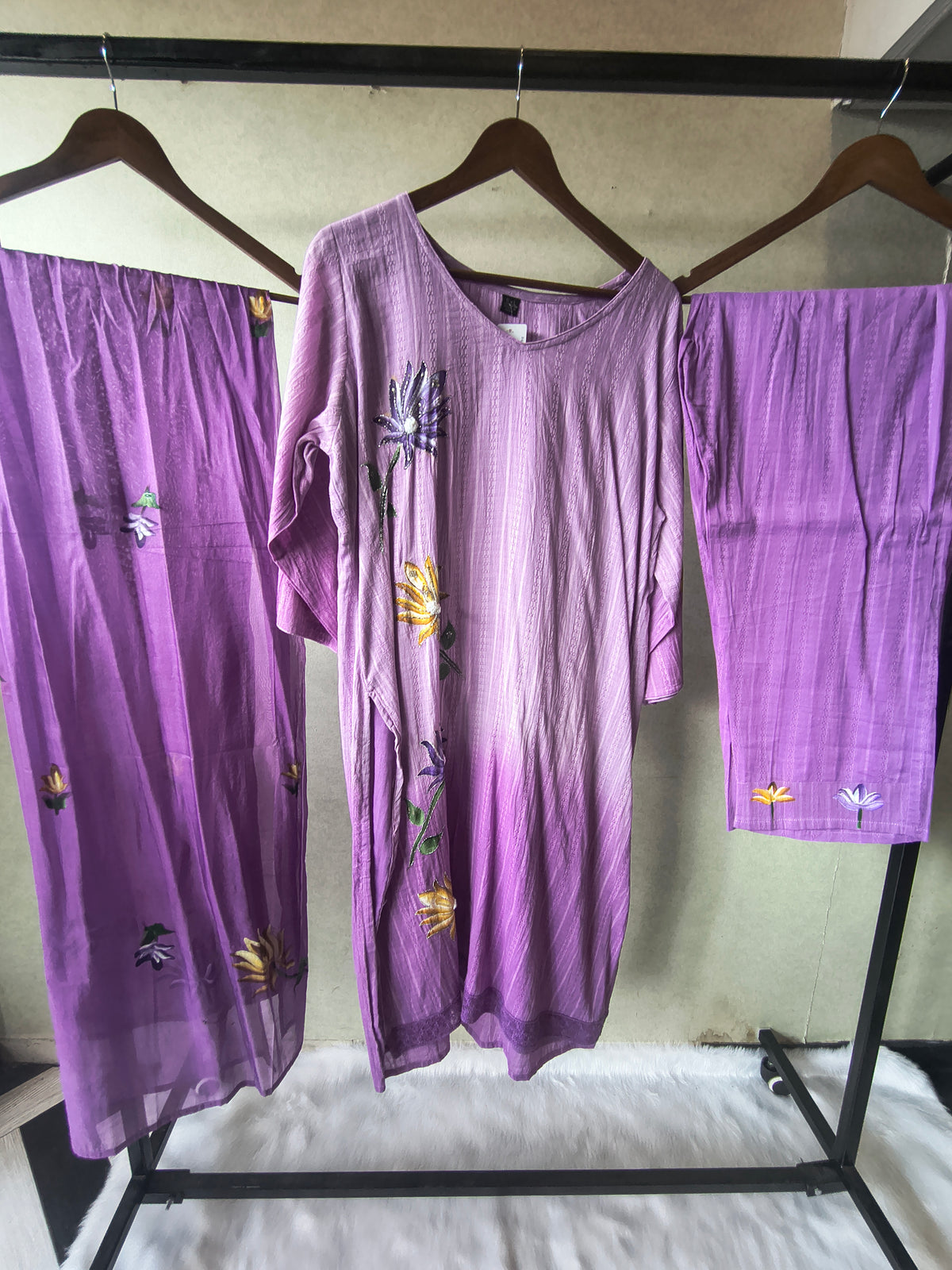 Premium Lavender Embroidered Straight Kurta Set with Floral Dupatta & Straight Pants