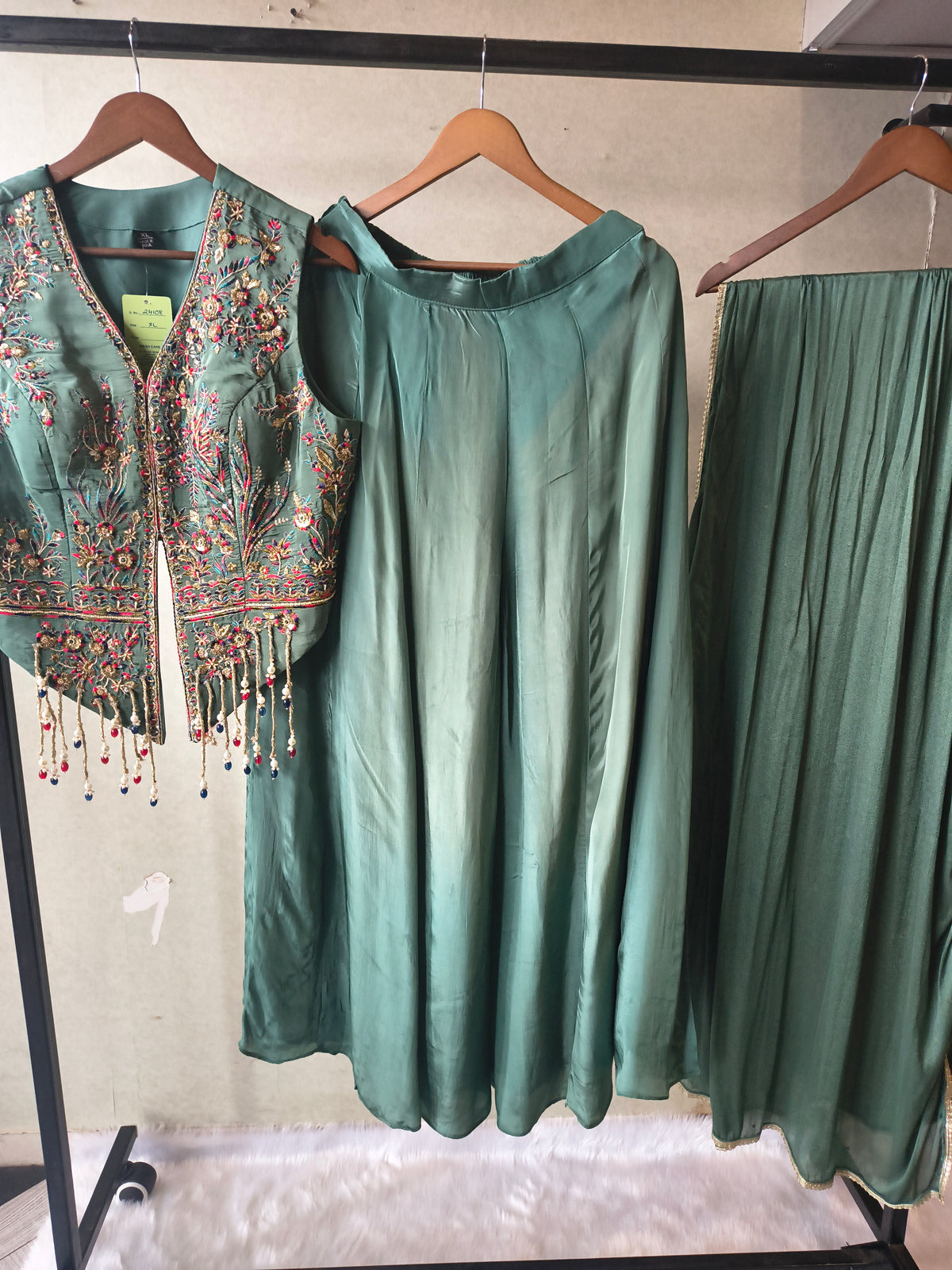 Premium Emerald Green Satin Silk 3-Piece Lehenga Set with Hand Embroidered Crop Jacket & Dupatta