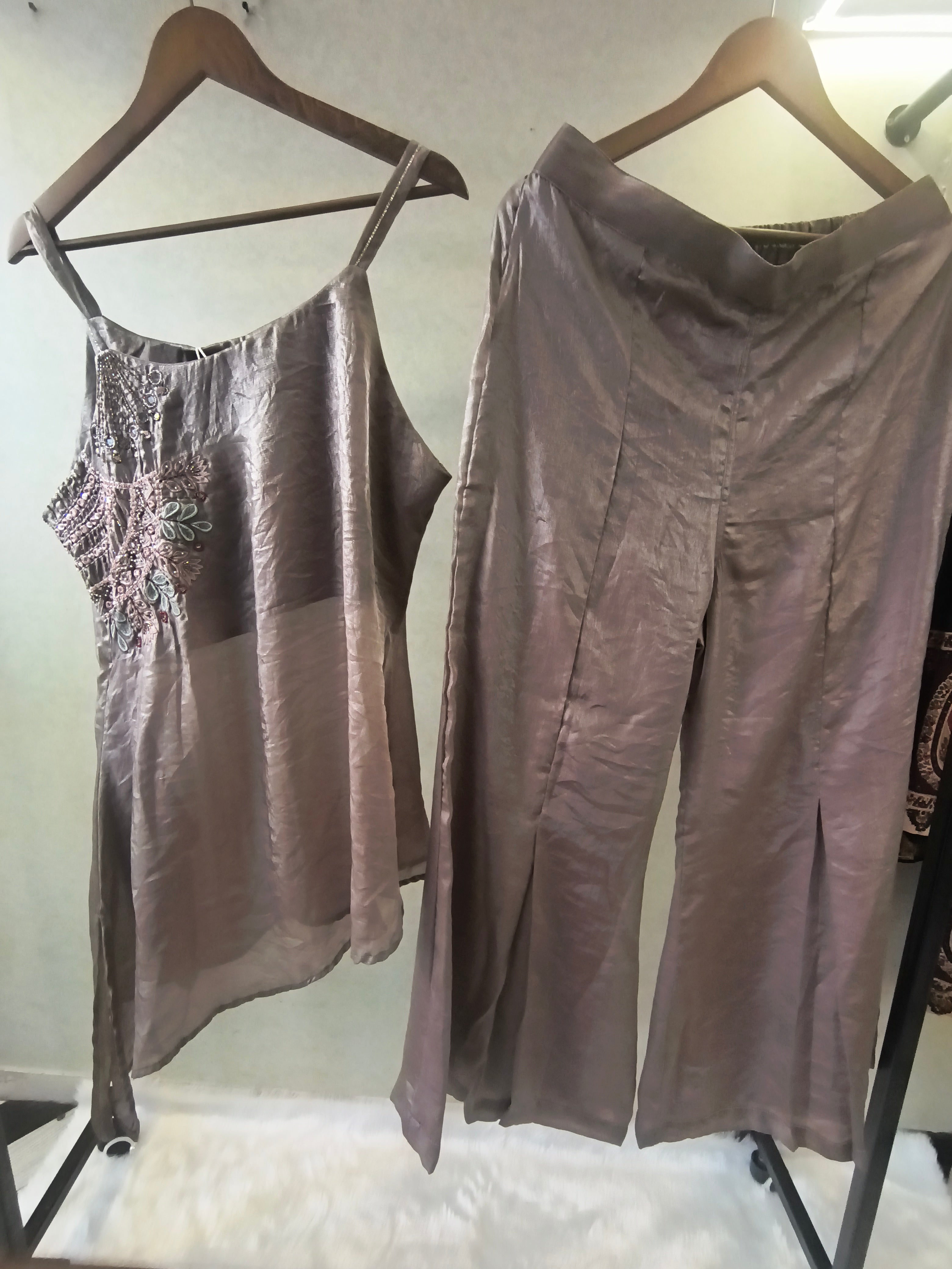 Image of Steel Grey Asymmetrical Embroidered Indo-Western Kurta Set with Straight Pants & Dupatta – 3 Piece Designer Co-Ord Set